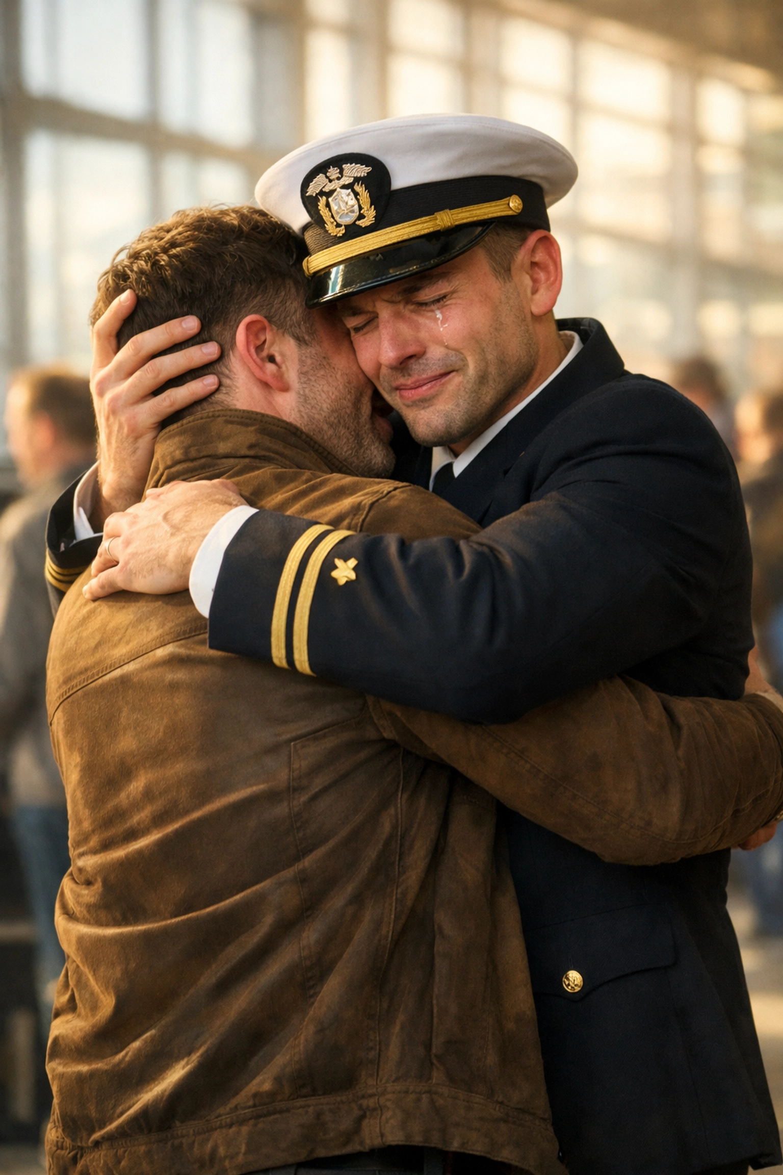Gay military couple embracing emotionally at airport terminal during homecoming reunion
