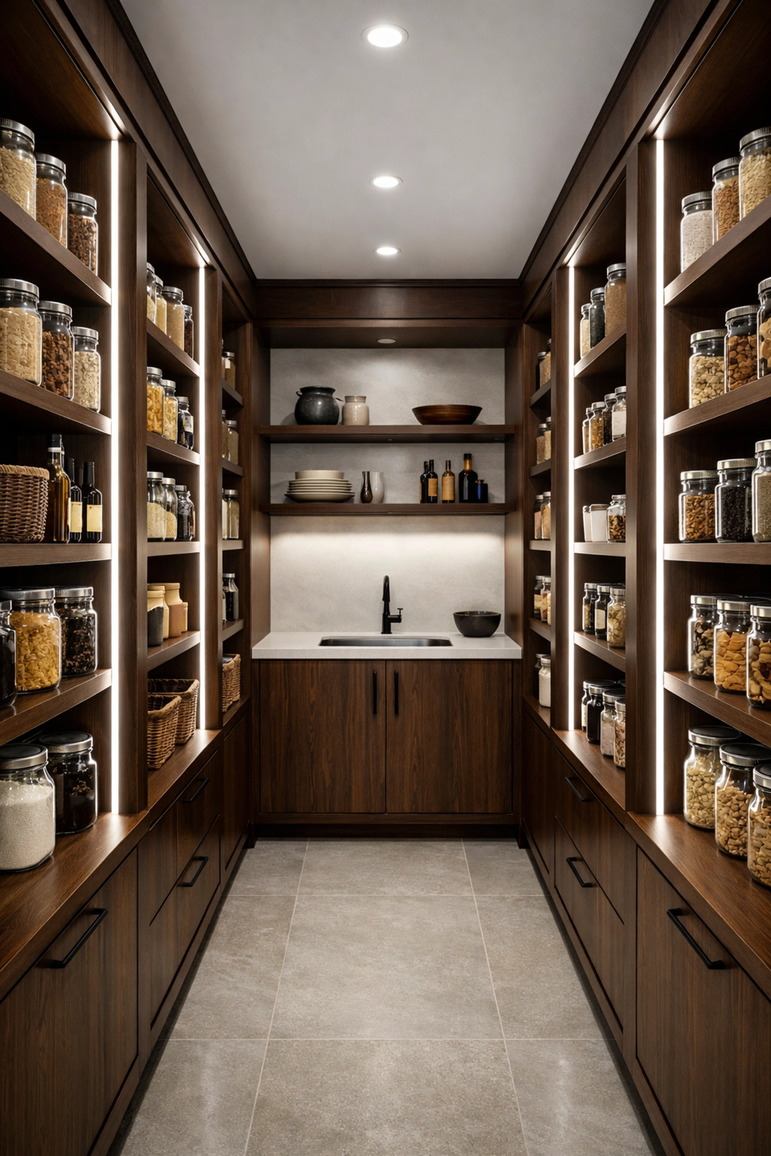 Éclairage vertical LED linéaire intégré dans un garde-manger moderne en bois sombre avec bocaux.