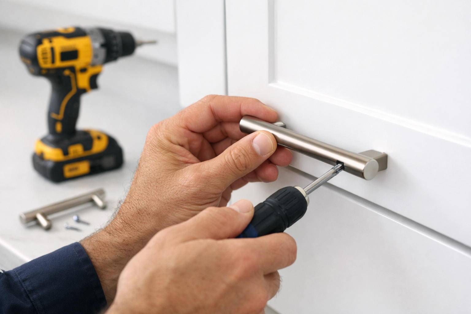 Installing new cabinet hardware during apartment make ready repairs and maintenance