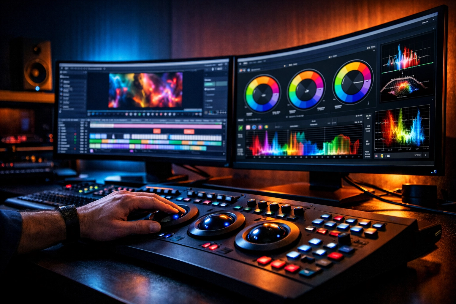 Video editor processing conference videography footage in a modern post-production suite.