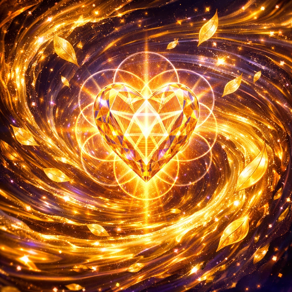 Golden energetic vortex into a crystalline heart illustrating a wealth-attracting money mindset.