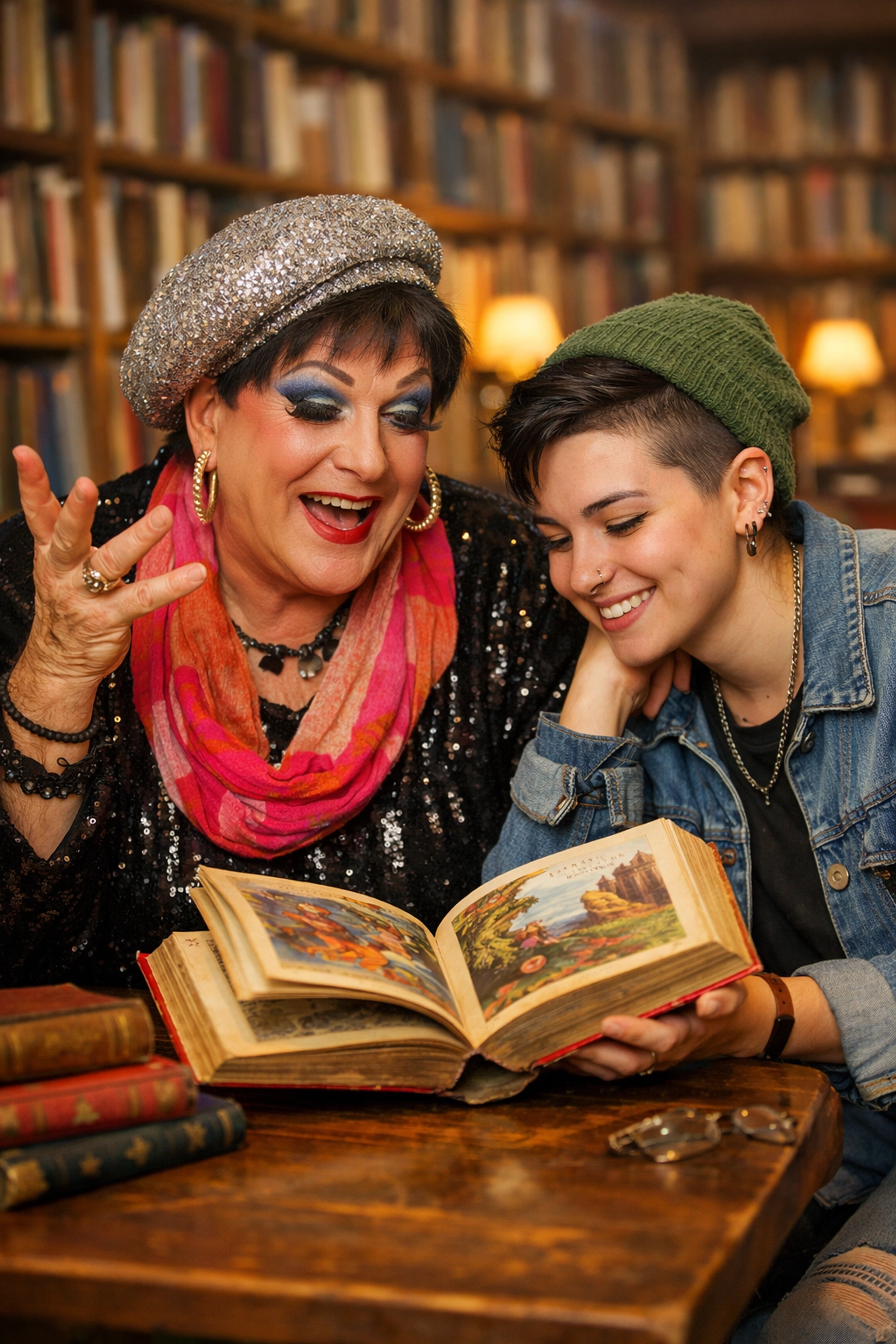 An older LGBTQ+ mentor shares a book with a young non-binary person, fostering intergenerational community bonds.