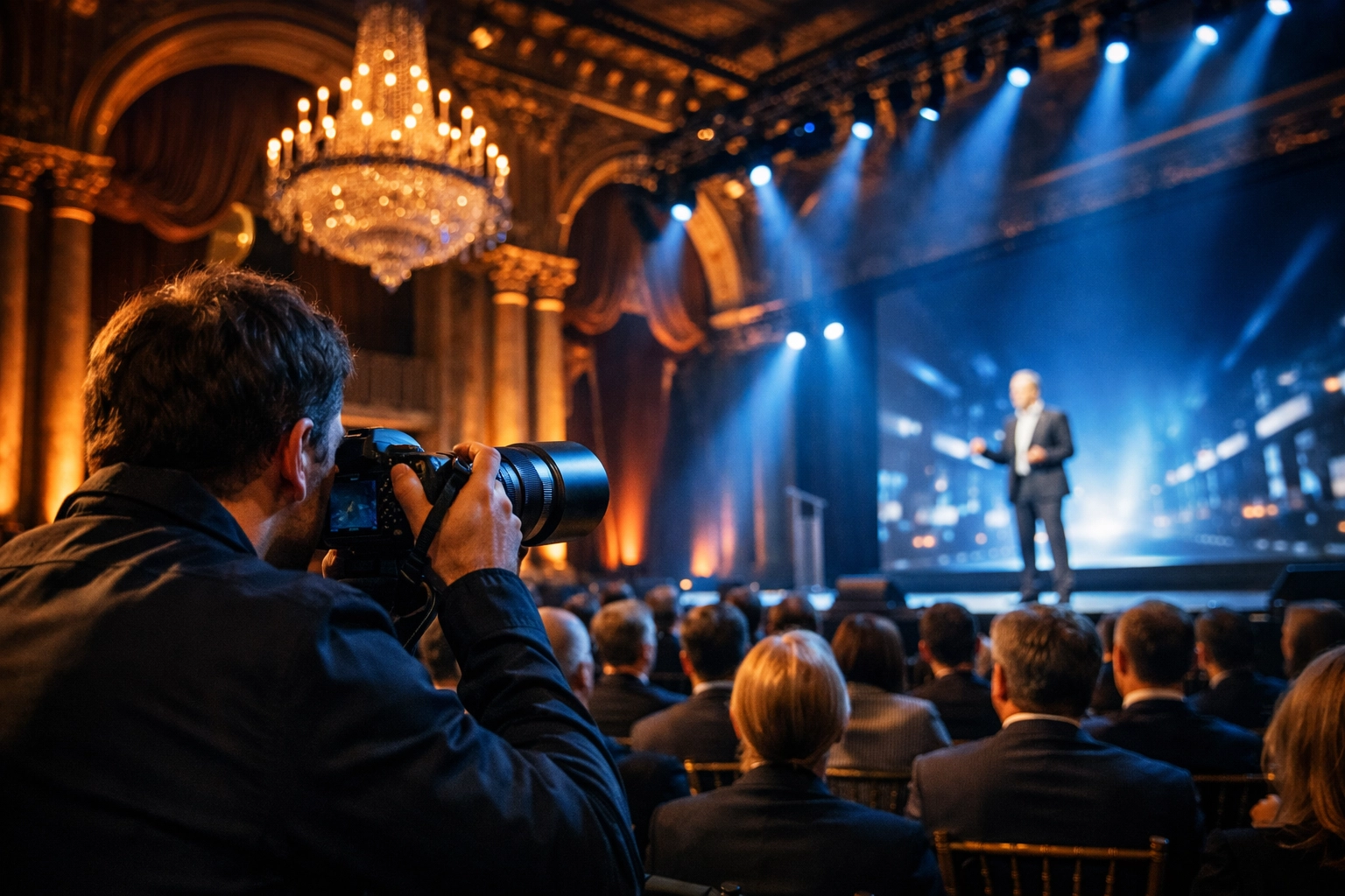 NYC corporate event photography capturing a keynote speaker in a historic Manhattan ballroom.