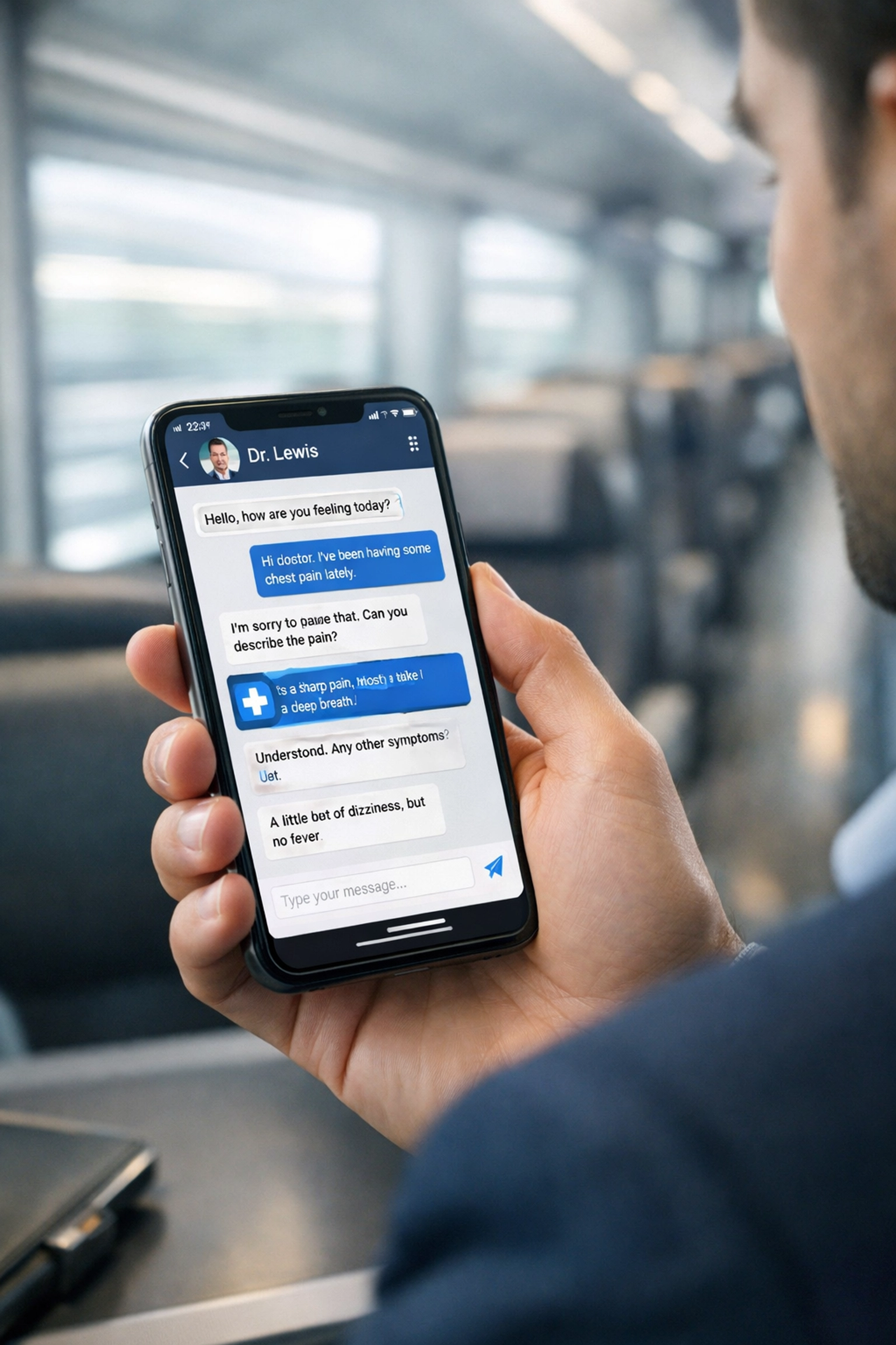 Professional using secure text-based messaging to chat with a doctor 24/7 for online urgent care.