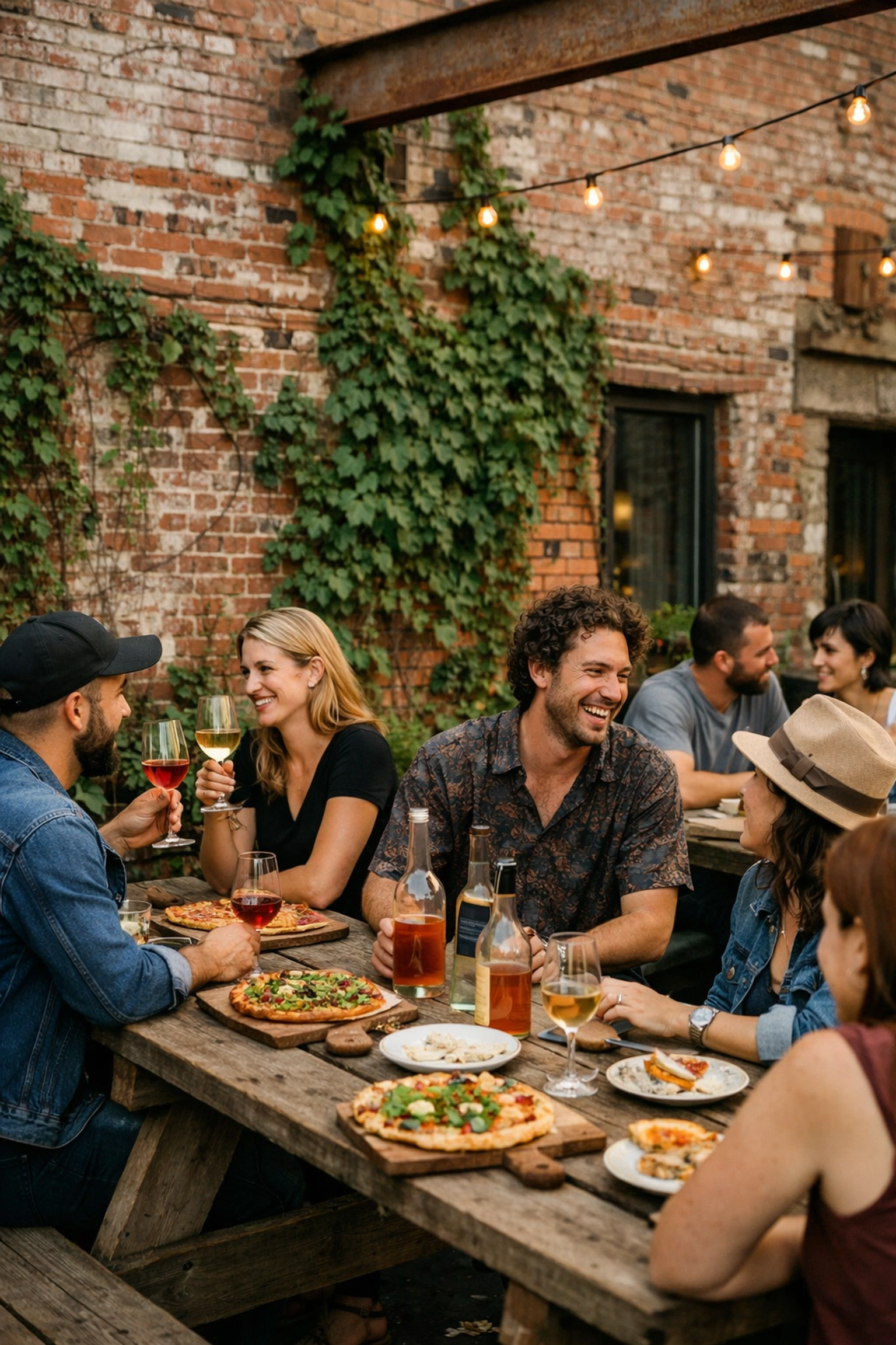 Locals enjoy natural wine and pizza on a trendy industrial-style neighborhood terrace in Mile-Ex.