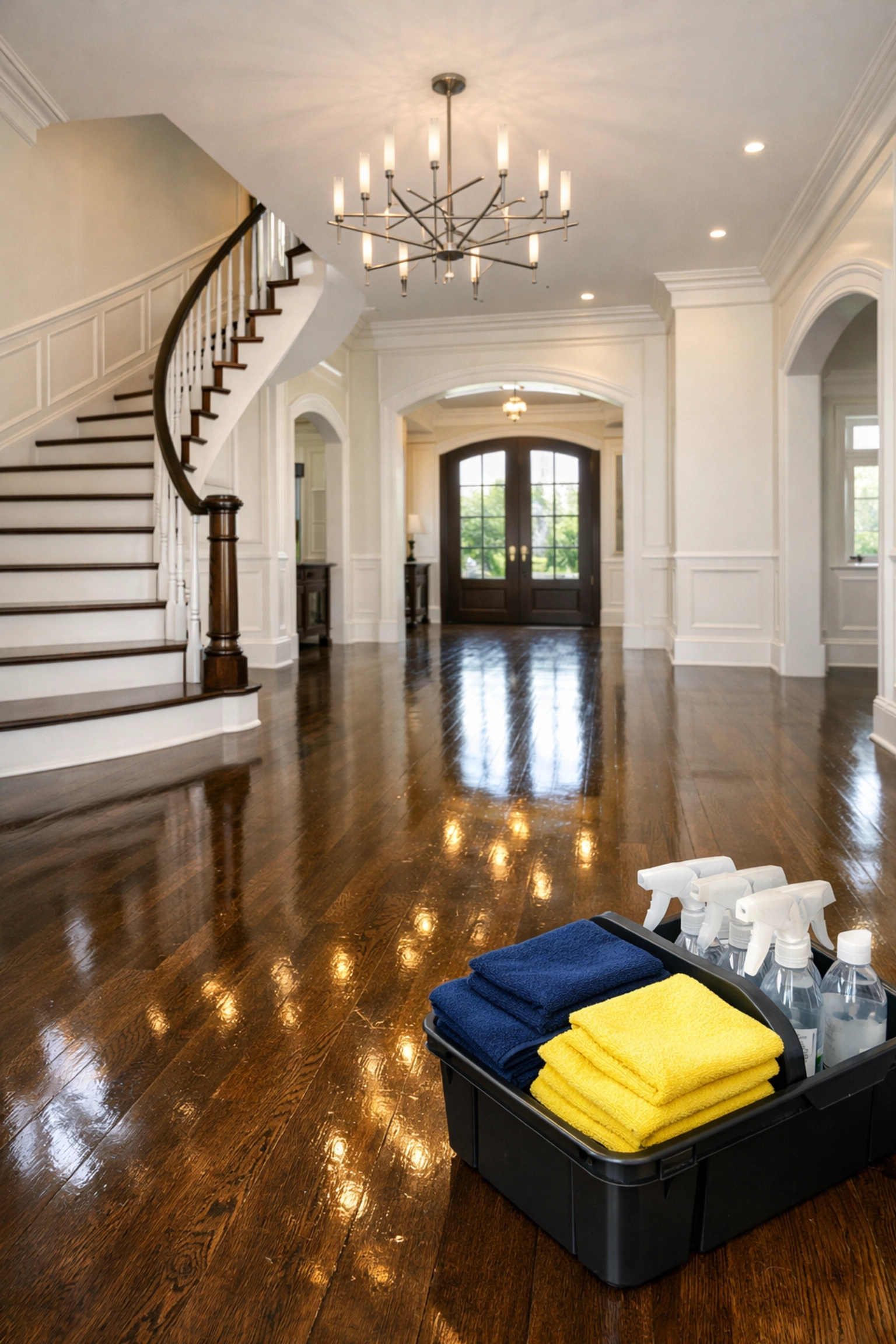 A spotless Lancaster home foyer with gleaming floors and professional cleaning supplies ready for new owners.