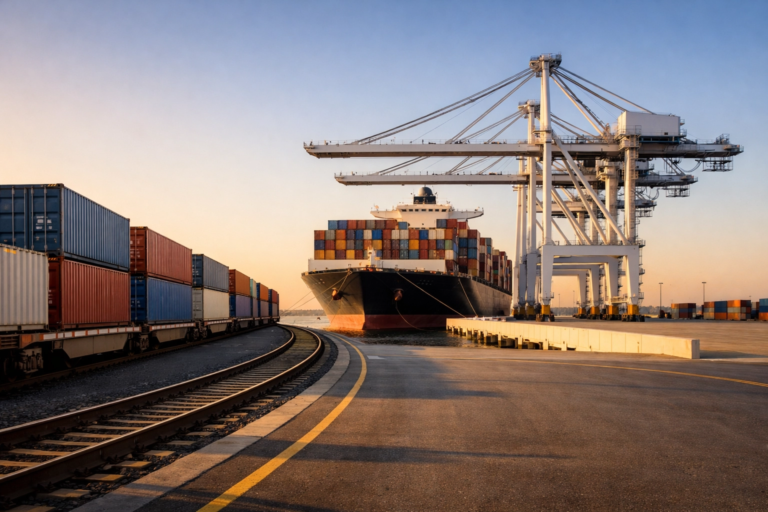 Multimodal logistics hub with freight train and container ship to navigate global shipping delays in 2026.