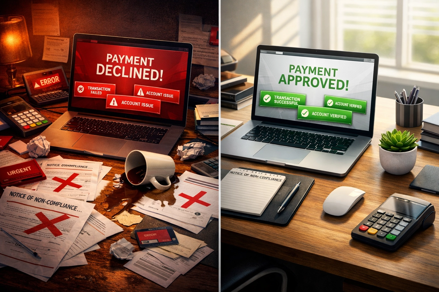 Merchant account chaos versus organized Web3 payment processing workspace comparison