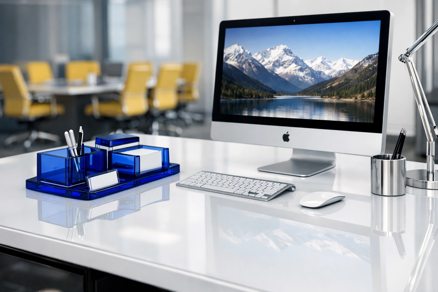 A pristine executive workstation with a polished surface, showcasing high-standard office cleaning Boston MA results.