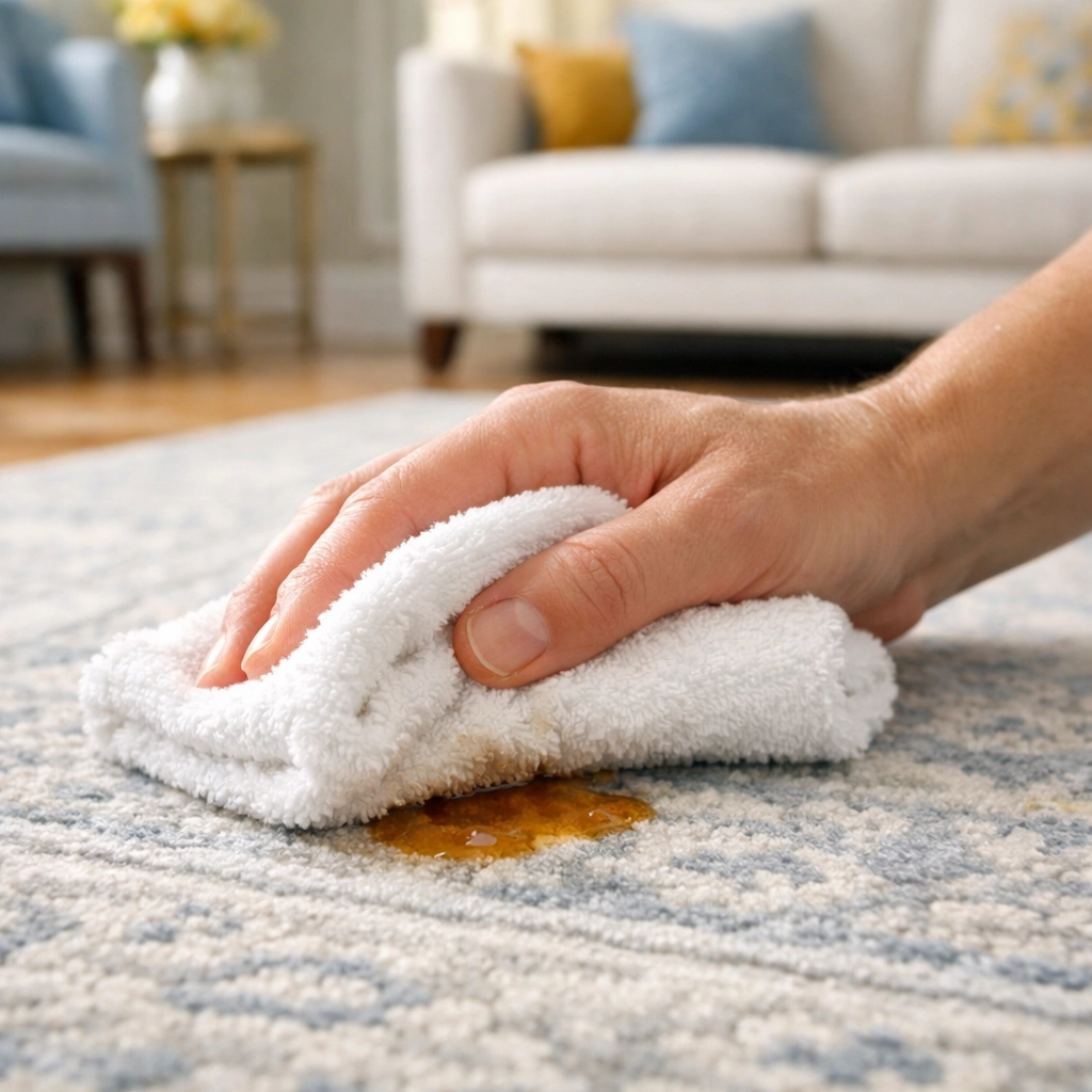 Professional house cleaning technique: blotting a rug stain with a clean white cloth to prevent damage.