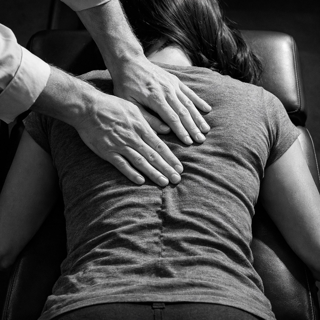 Chiropractor performing spinal examination and adjustment on patient