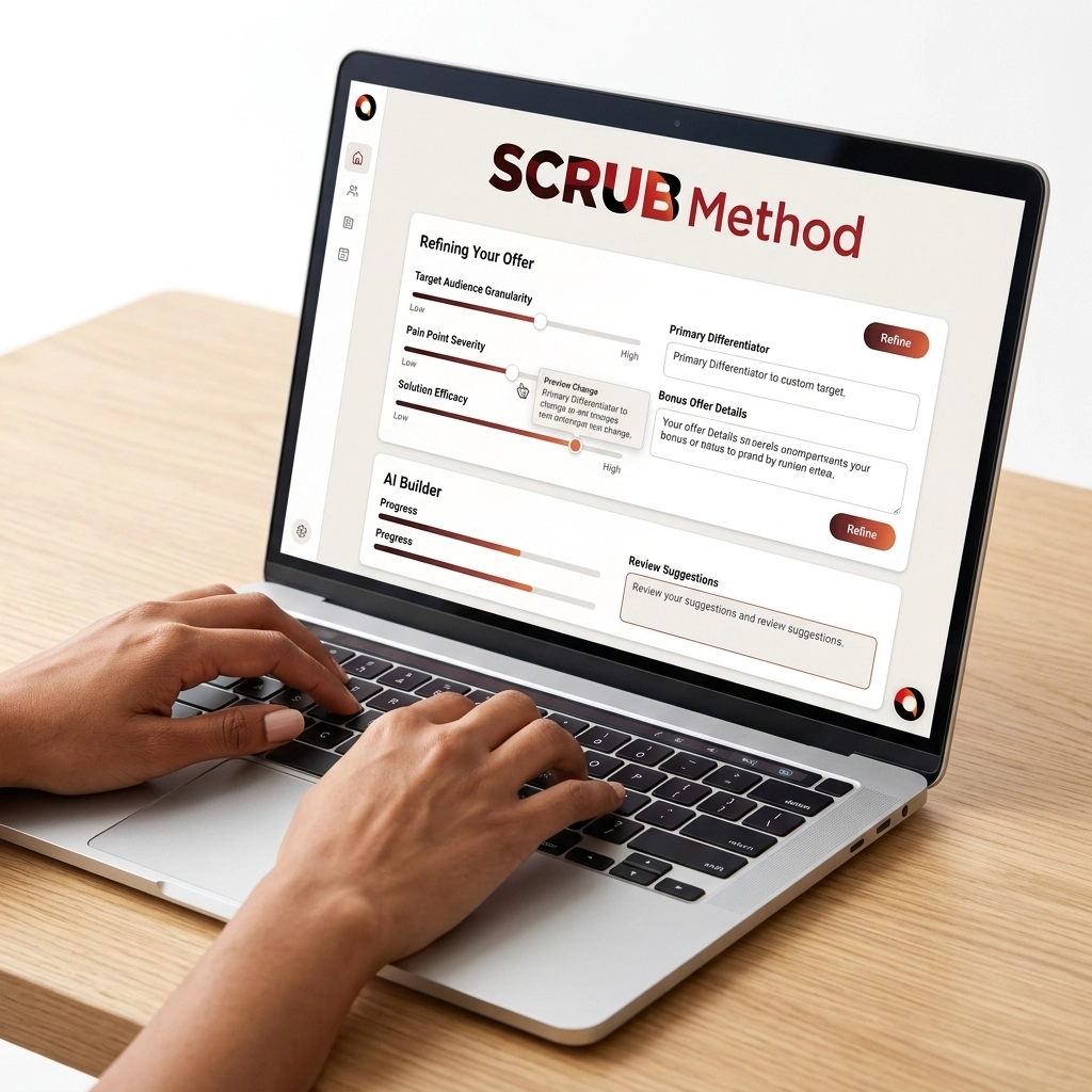 A laptop showing the SCRUB Method Builder interface for refining business offers