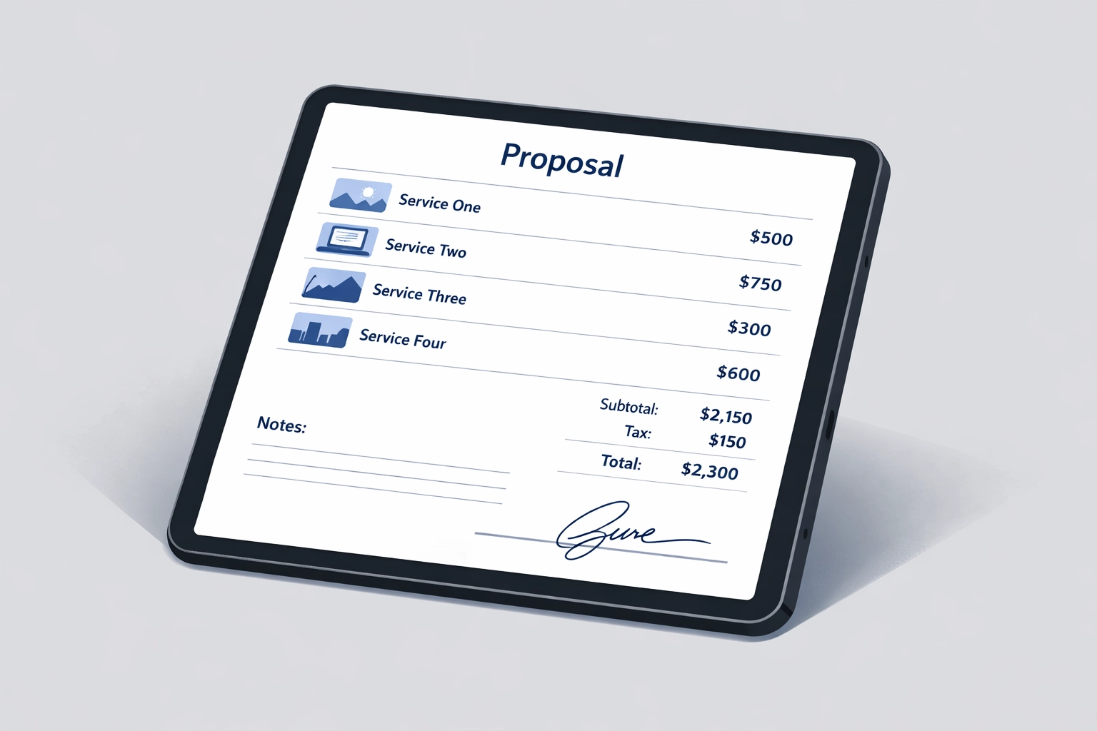 Digital proposal interface on tablet for field service business operations and job estimates