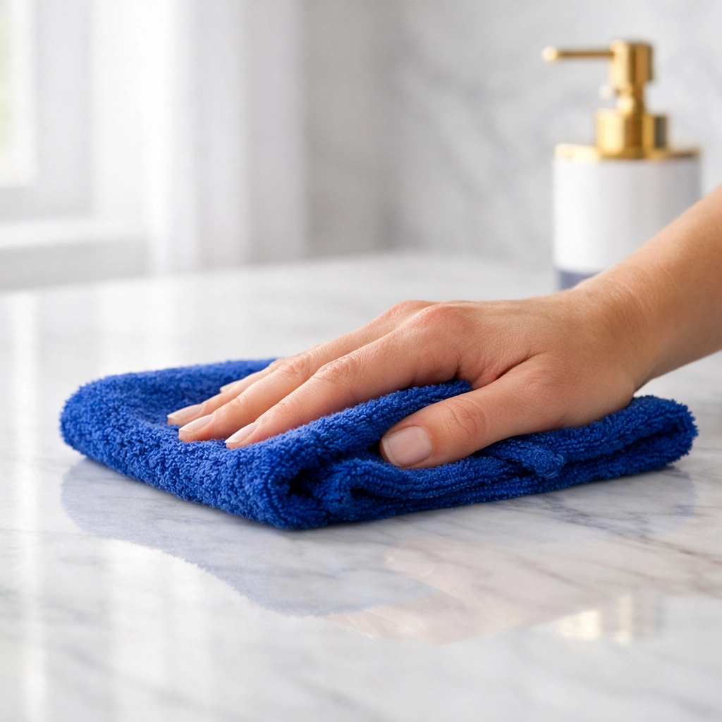 Streak-free house cleaning Worcester MA using a microfiber cloth on a white marble countertop.