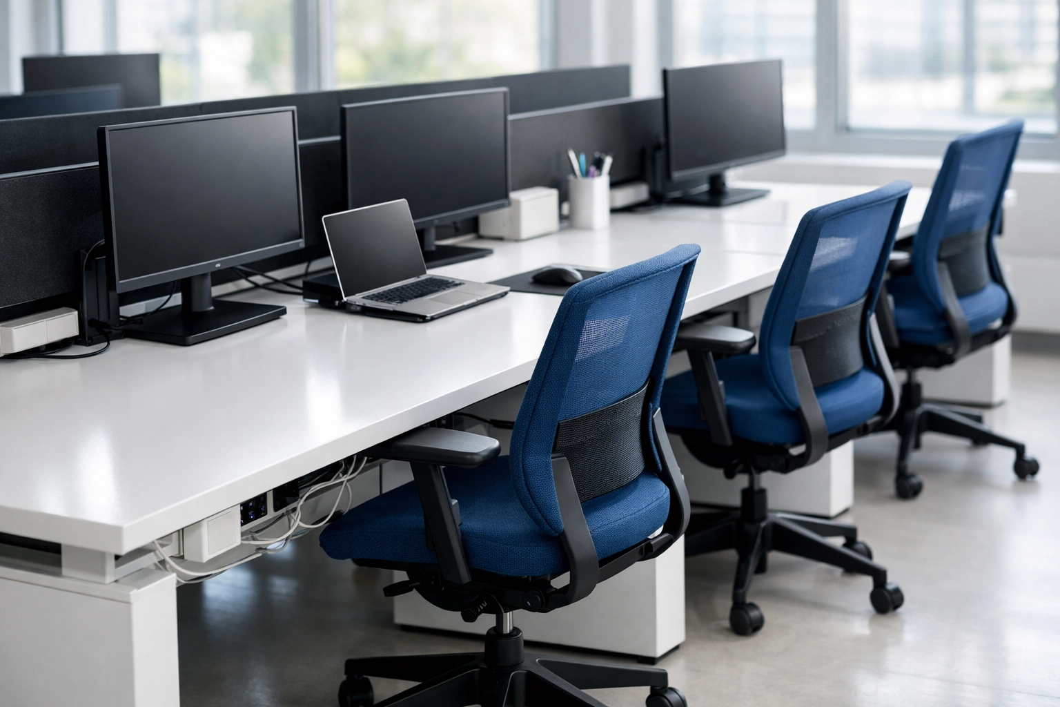 Pristine rows of organized hot desks and ergonomic chairs in a Needham co-working hub.