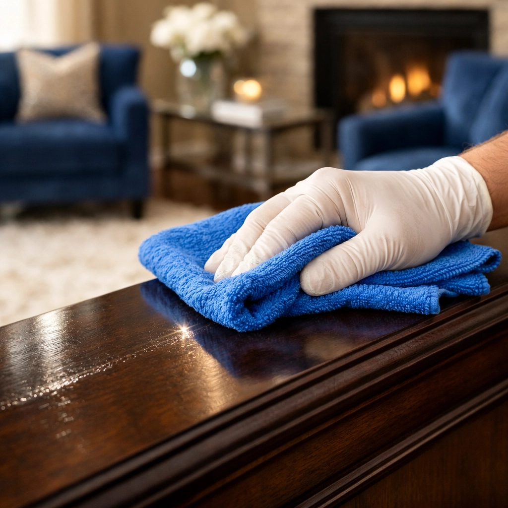 Professional hand dusting a living room mantelpiece during a weekly house cleaning Southborough visit.