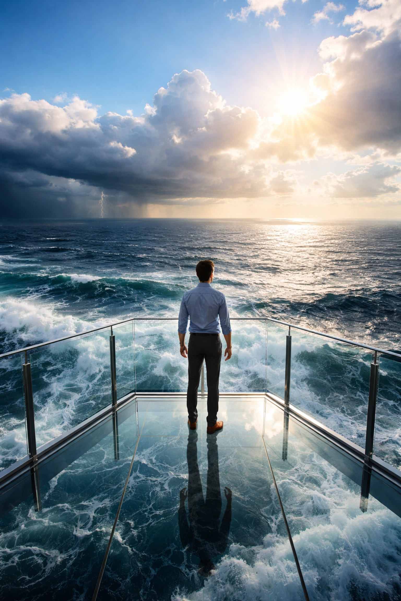 Person standing calmly above stormy sea, symbolizing managing risk tolerance in accredited investor portfolios