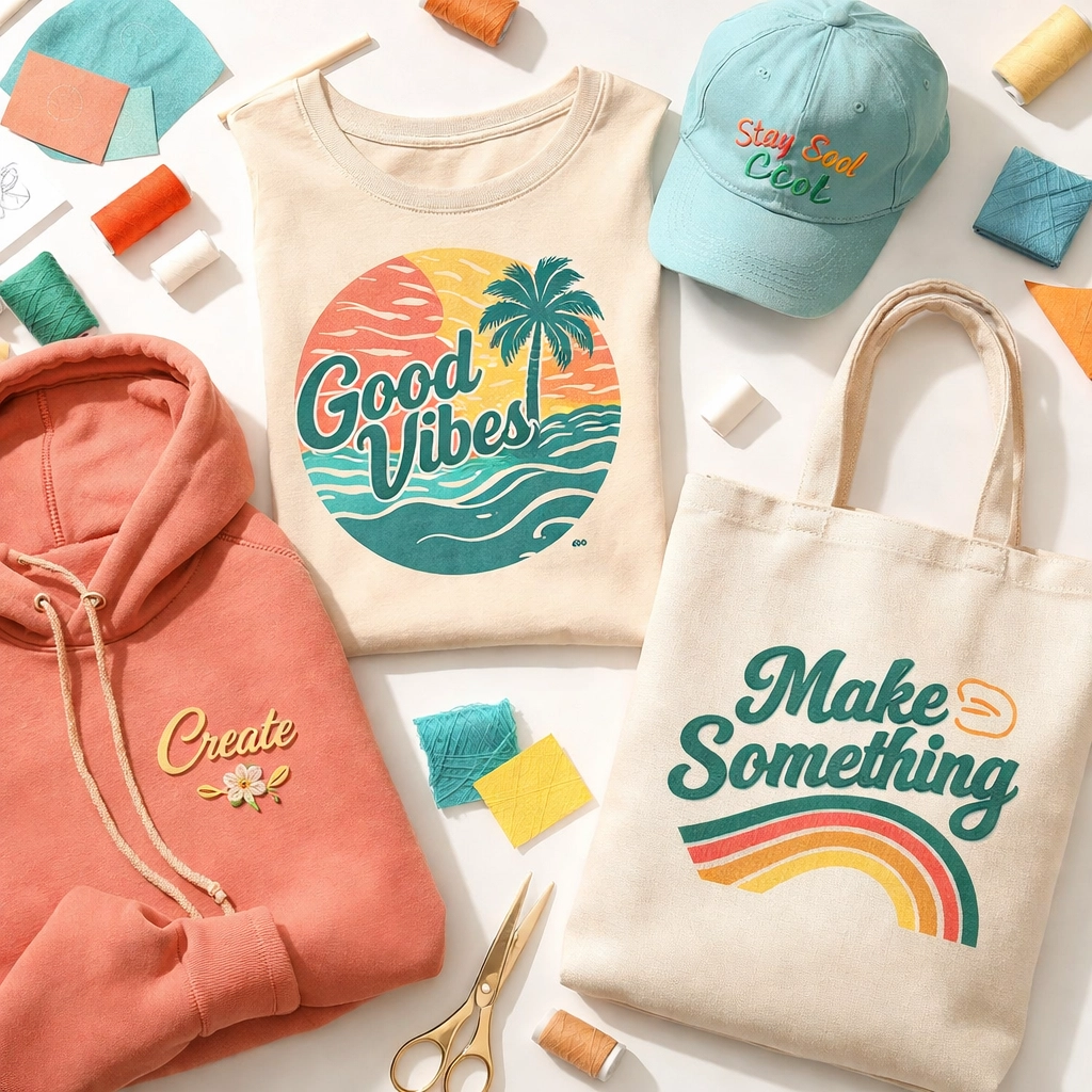 A flat-lay display of custom branded apparel, including a screen-printed t-shirt, hoodie, cap, and tote bag, highlighting diverse promotional merchandise.