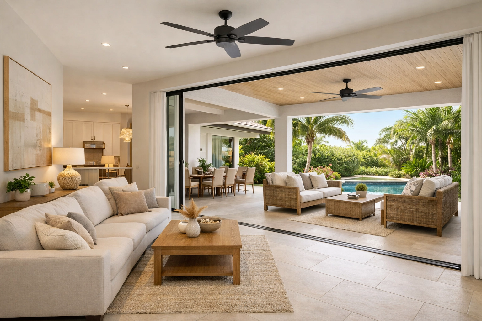 Indoor-outdoor living space with sliding glass walls in Orlando home remodel