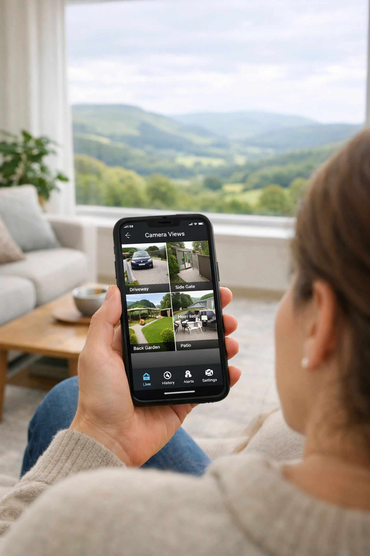 Homeowner in South Wales using a smartphone app to remotely monitor live HD CCTV feeds for peace of mind.