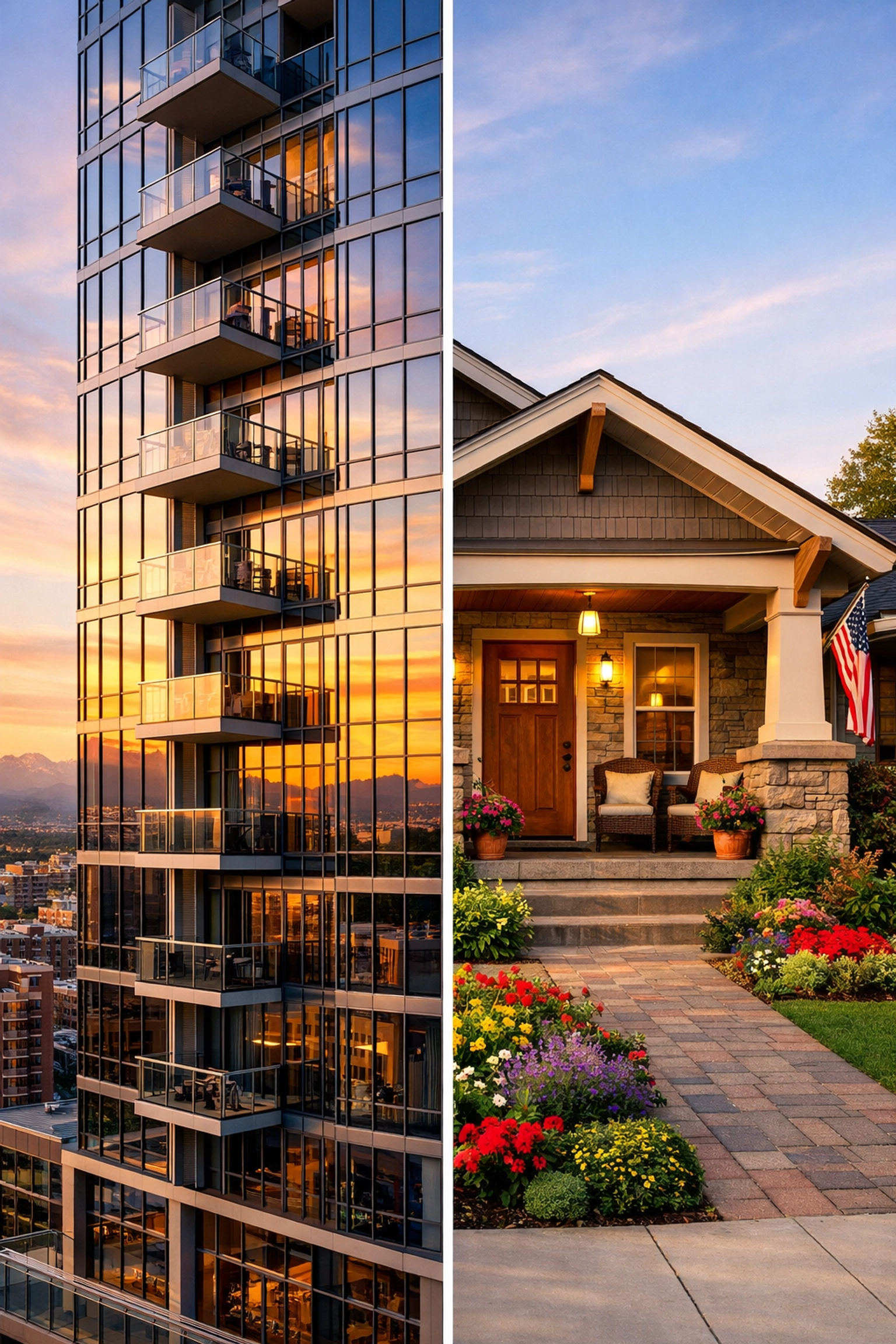 A split image showing a modern Denver downtown luxury condo and a renovated craftsman-style bungalow.