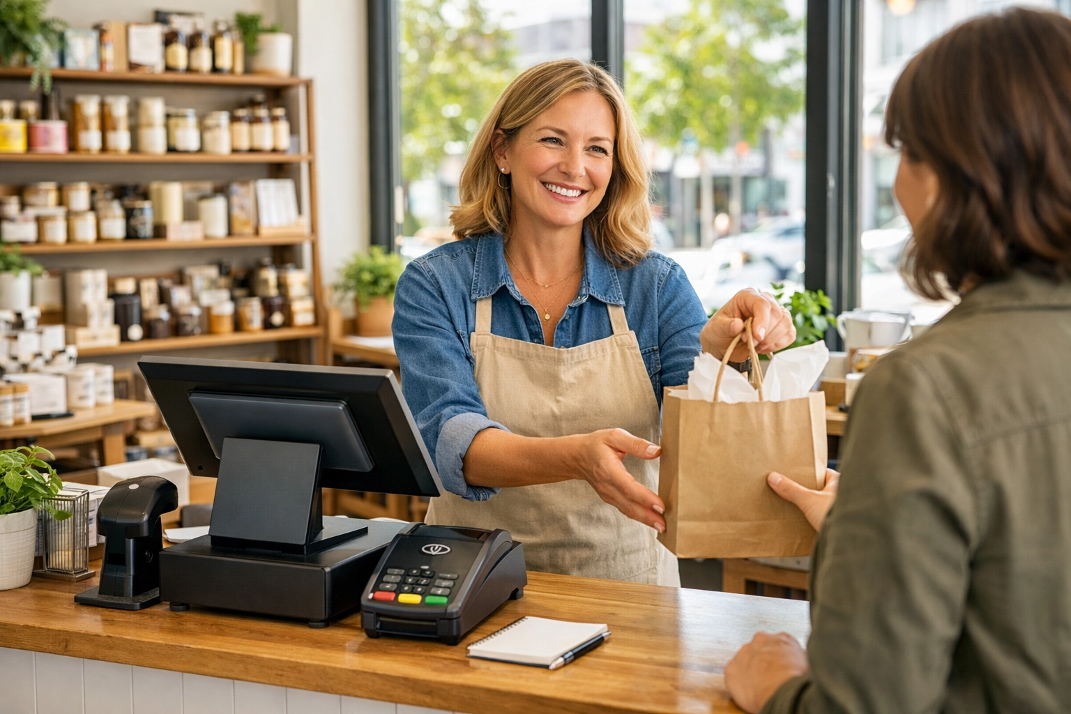 Independent UK retail shop owner serving customer at modern POS terminal
