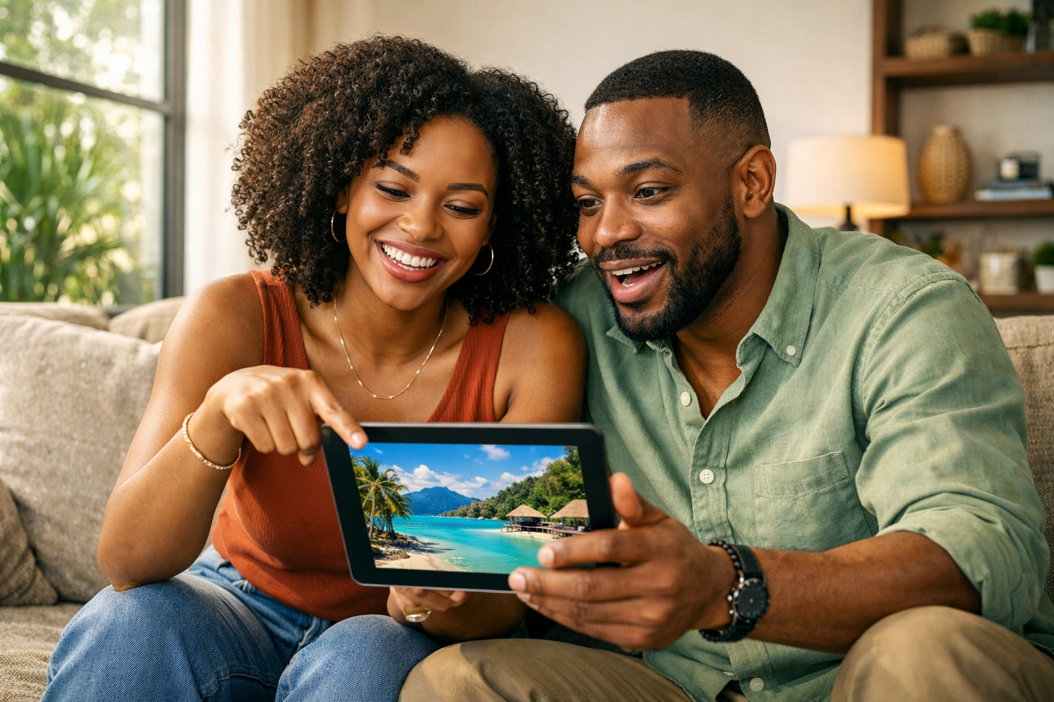 Couple planning a tropical getaway with a personal travel planner while looking at a beach resort on a tablet.