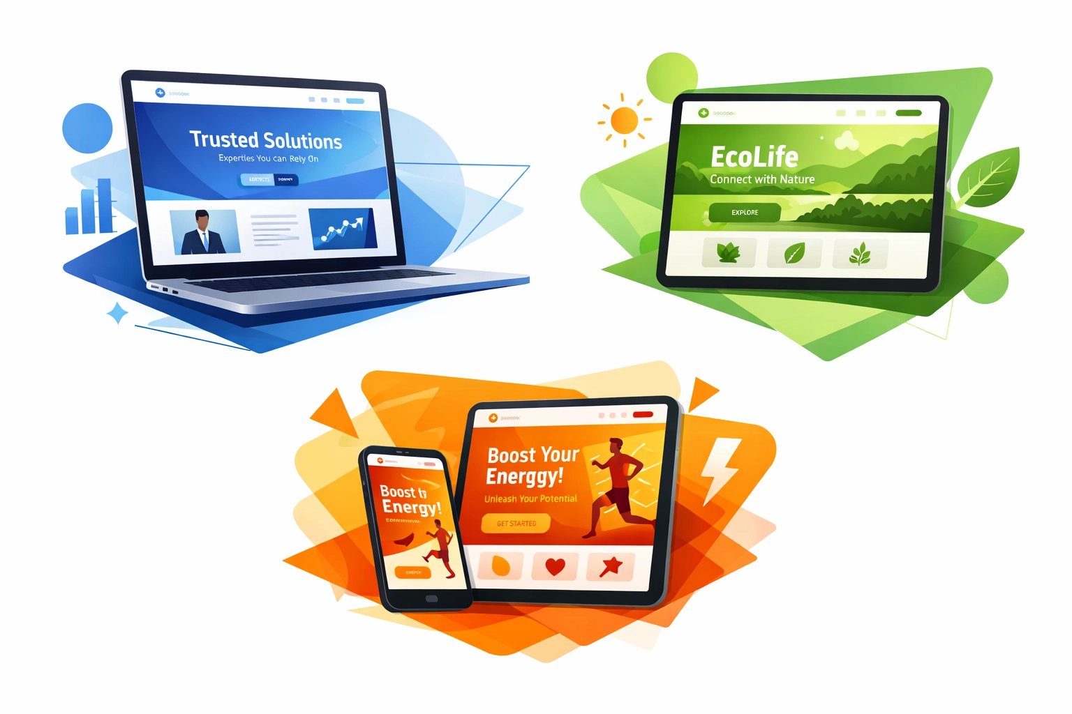 Three website designs with different brand color palettes for blue, green, and orange schemes