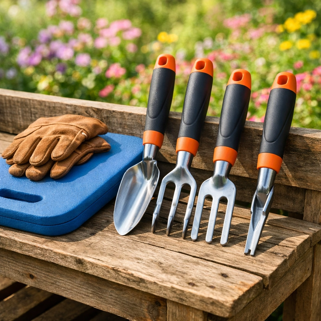 Ergonomic gardening tools with easy-grip handles and a cushioned kneeling mat on a wooden potting bench.