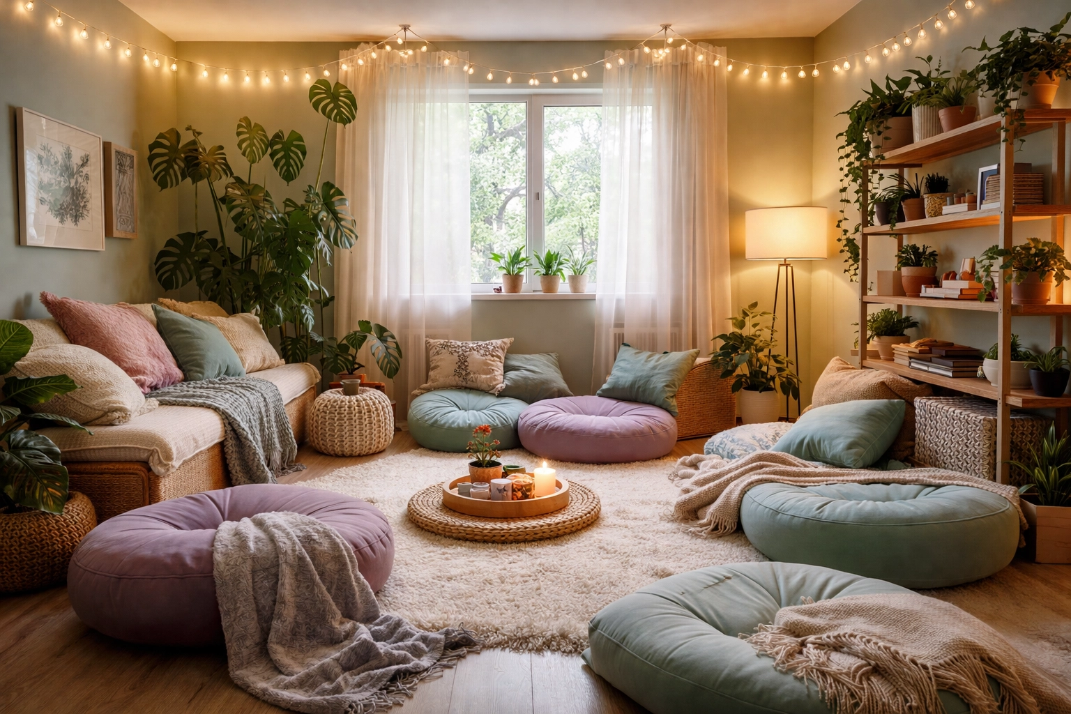 Sensory-informed school wellness room with plush cushions, soothing lights, and plants for student emotional wellness.