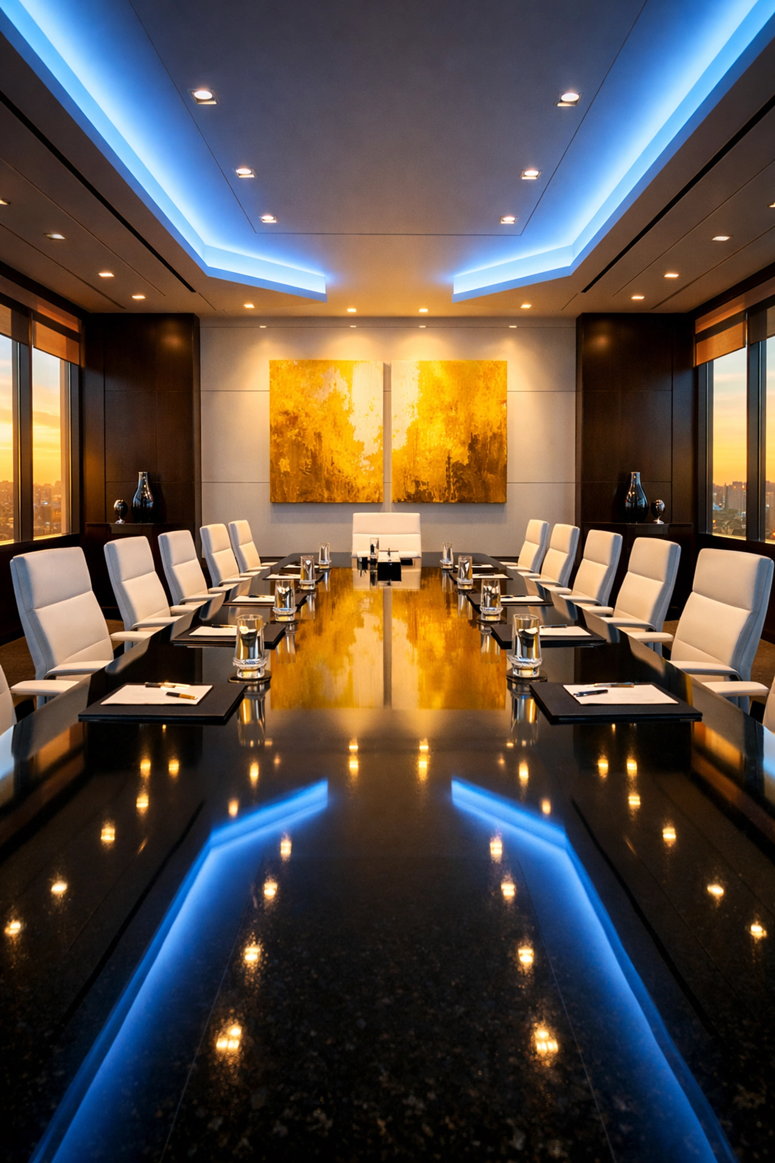 Pristine corporate boardroom with flawless surfaces ready for meetings after commercial cleaning Boston.