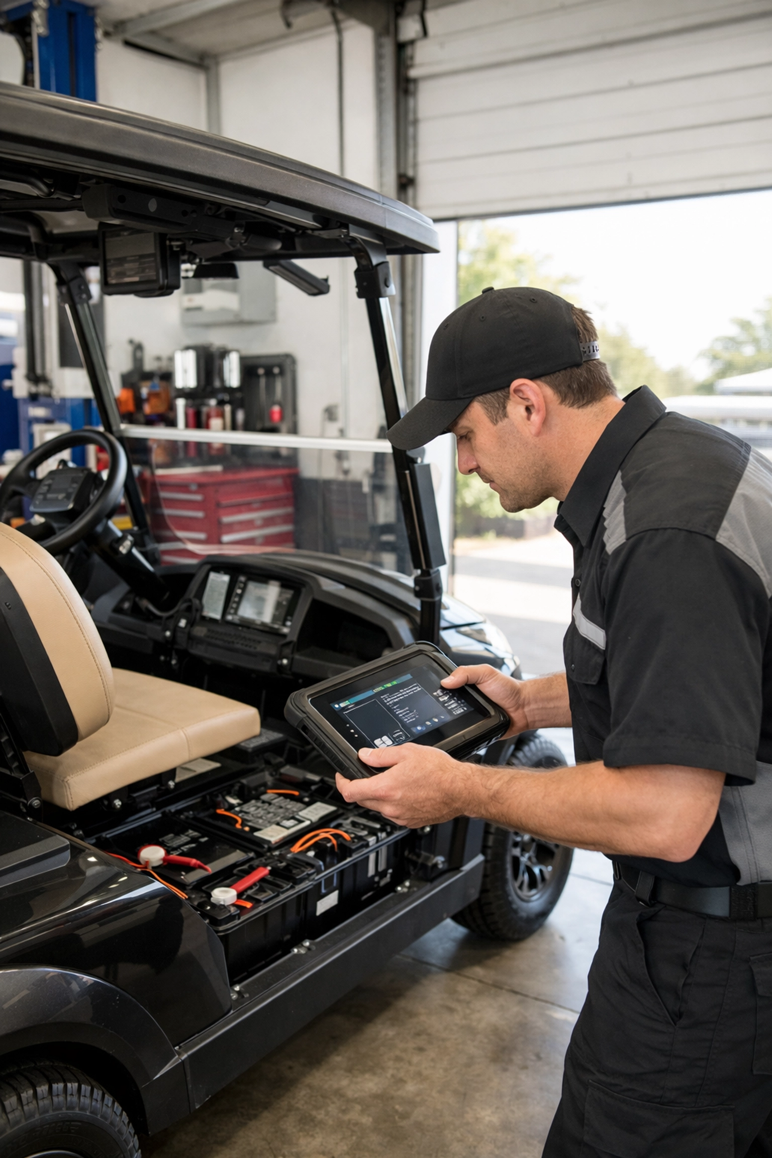 Expert technician performing a multi-point service inspection on street legal golf carts near me in Venice.