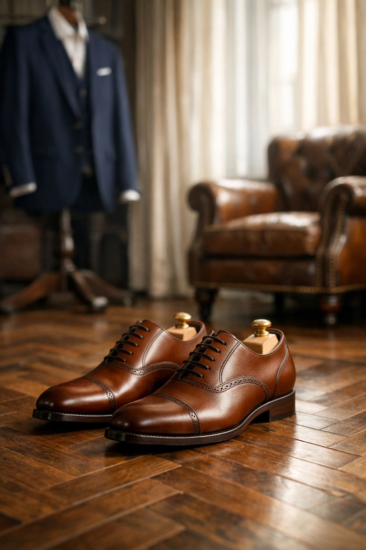 Cognac brown oxford dress shoes in sophisticated gentleman's dressing room with navy suit