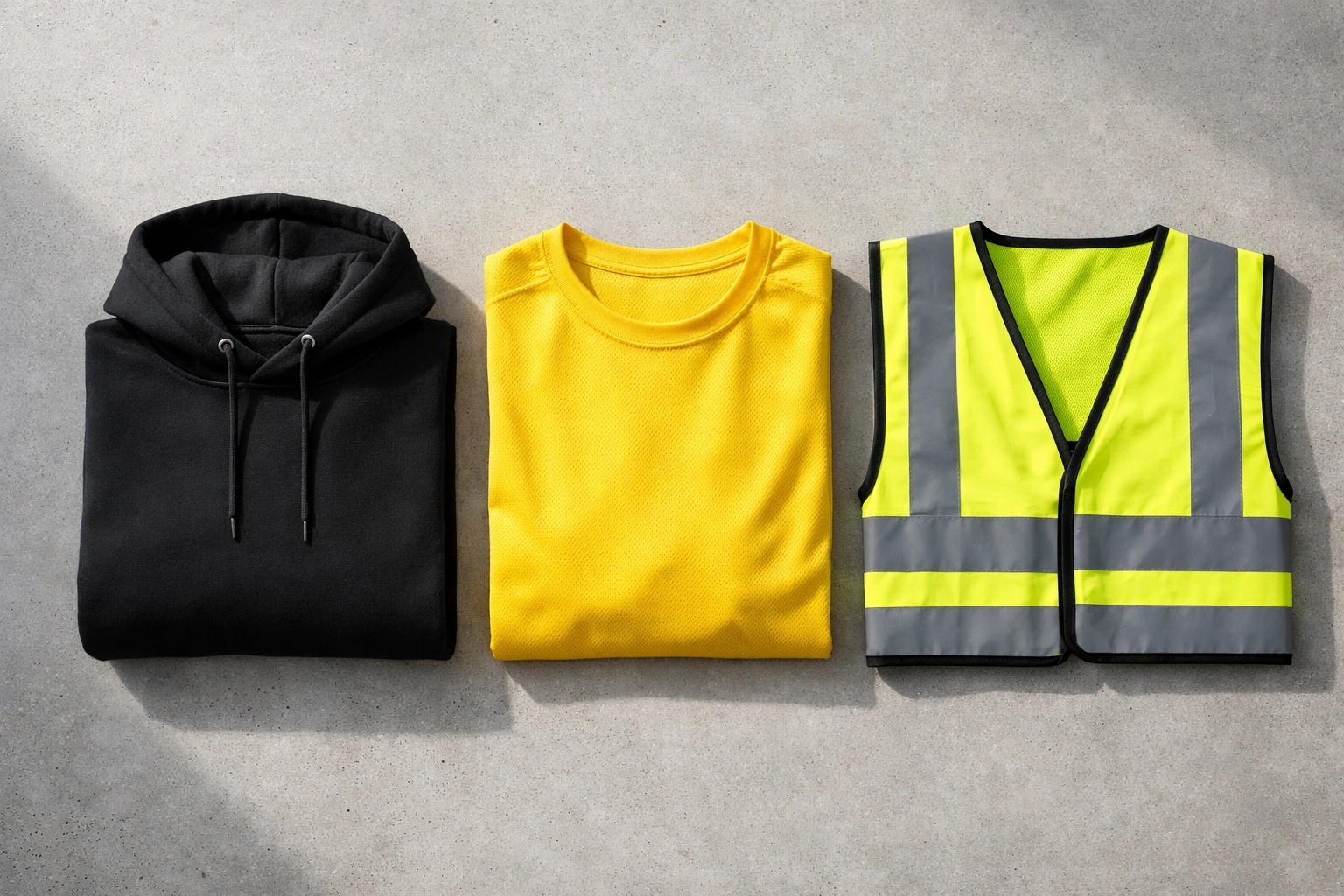 Custom t shirt printing flat-lay with a hoodie and high-vis vest to showcase professional branding gear.