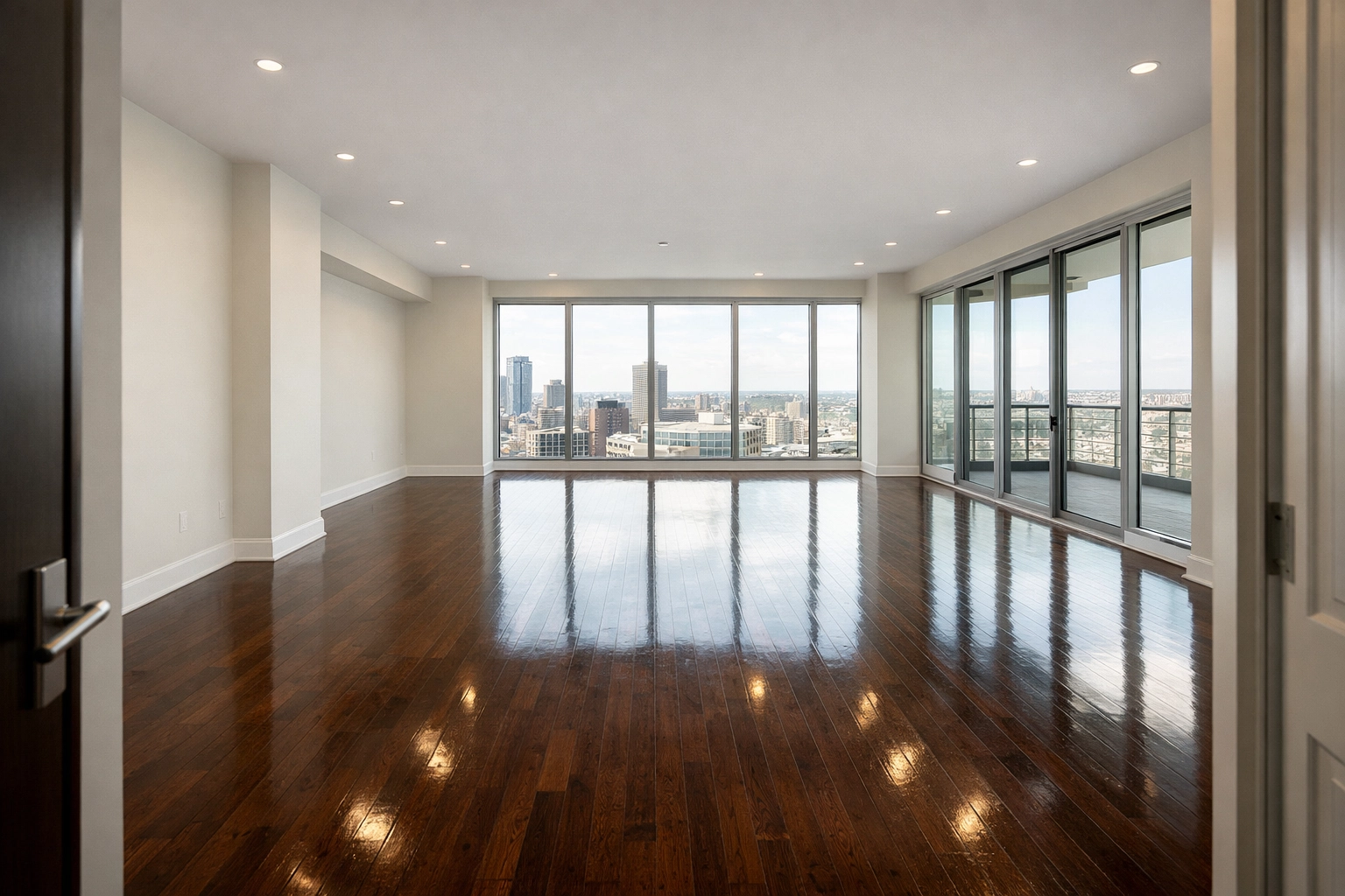 Empty apartment living room with polished hardwood floors and bright windows ready for a new tenant.