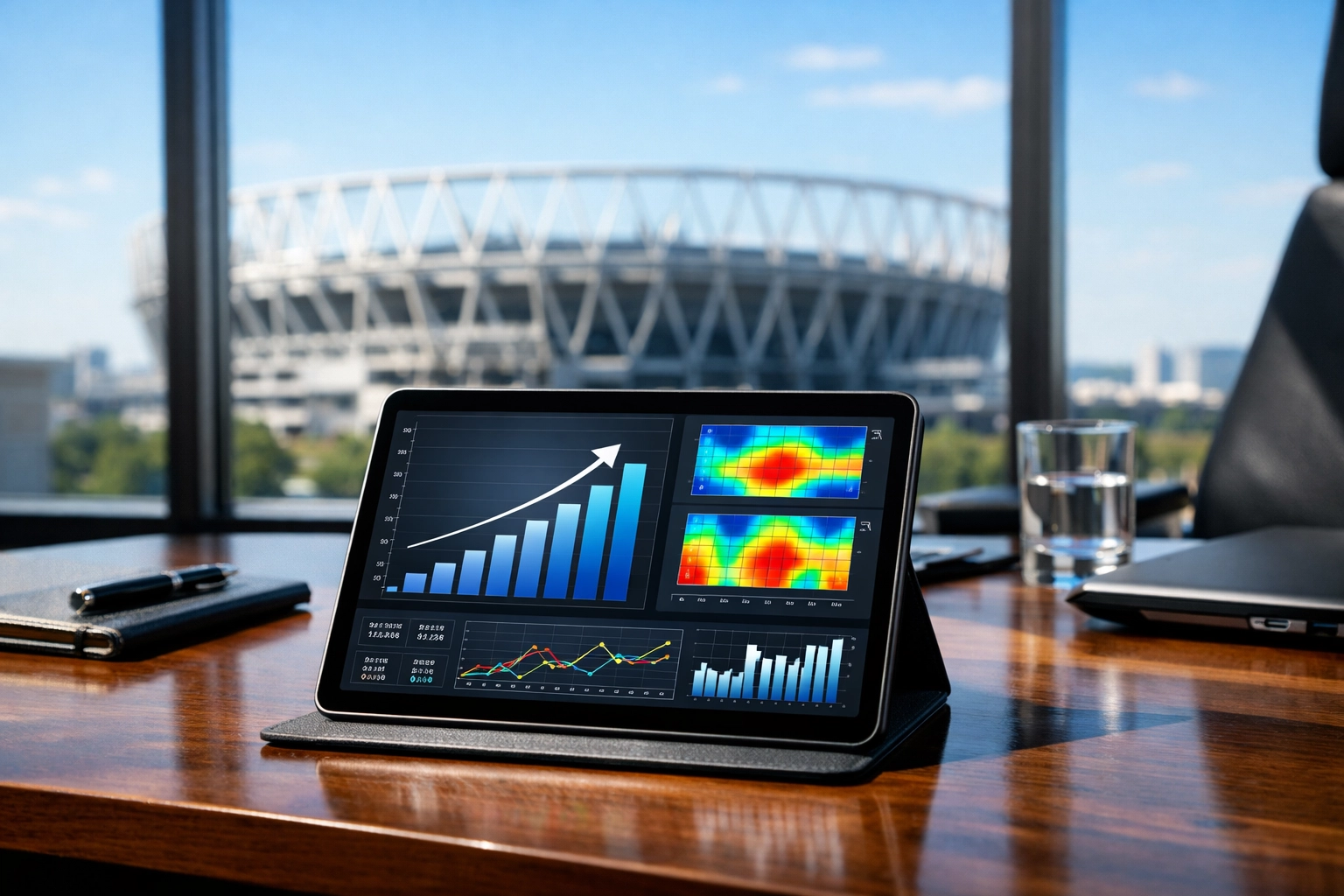 Digital dashboard on a tablet showing ROI and marketing analytics for a major sports event campaign.