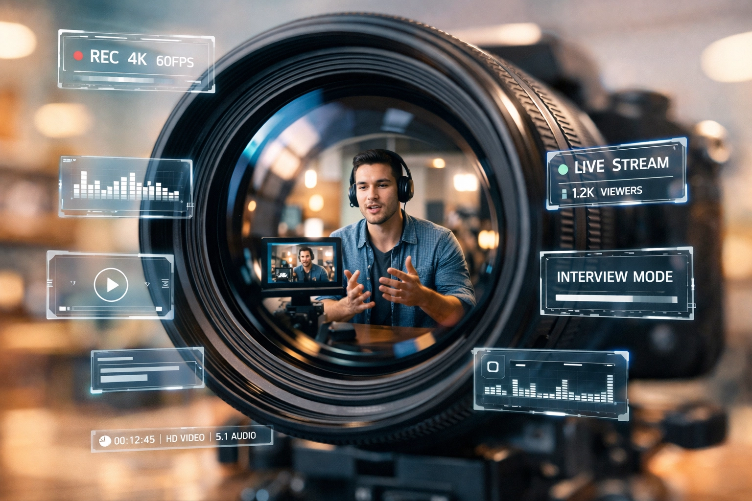 A professional camera lens reflecting a video shoot with digital caption overlays for optimized accessibility.