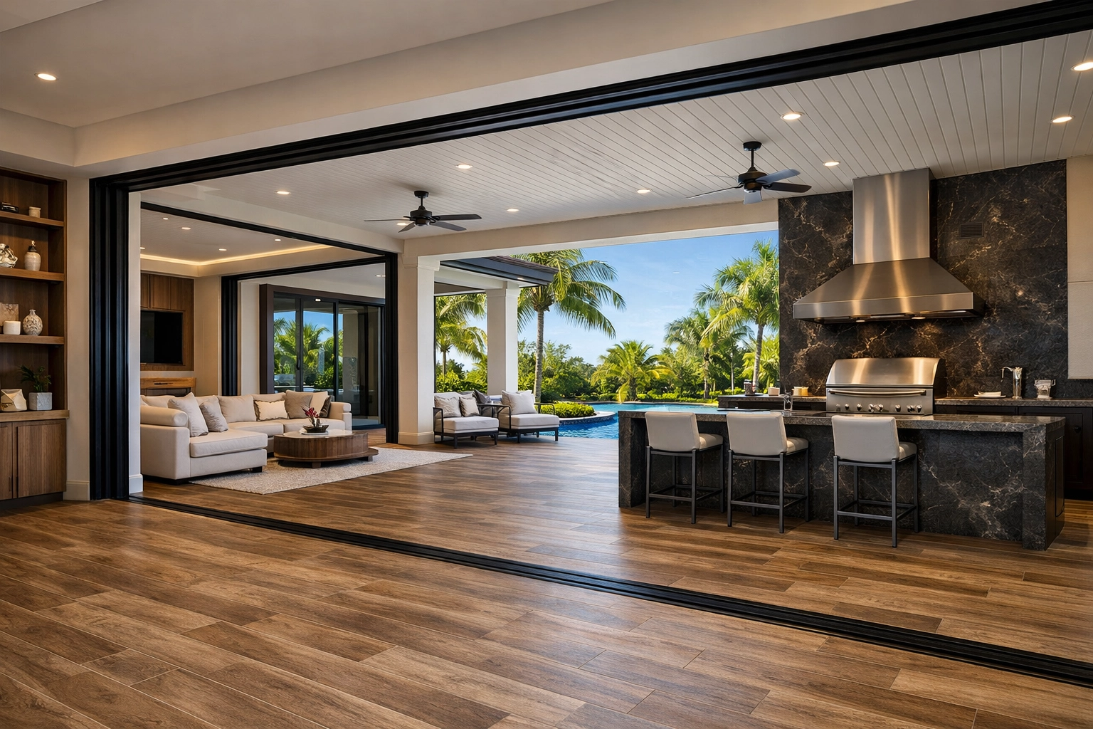 Orlando home remodeling showing a seamless transition from living area to a luxurious outdoor patio kitchen.
