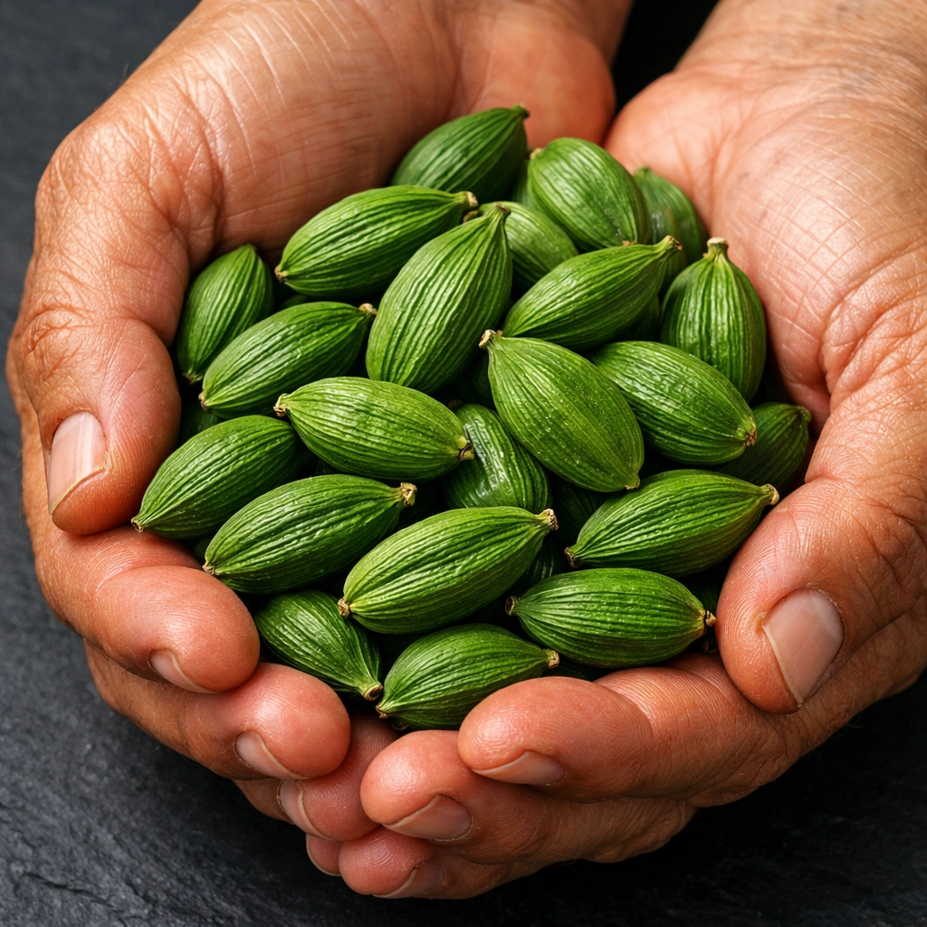 Handful of 8MM bold green cardamom pods showing the best quality Kerala cardamom online.