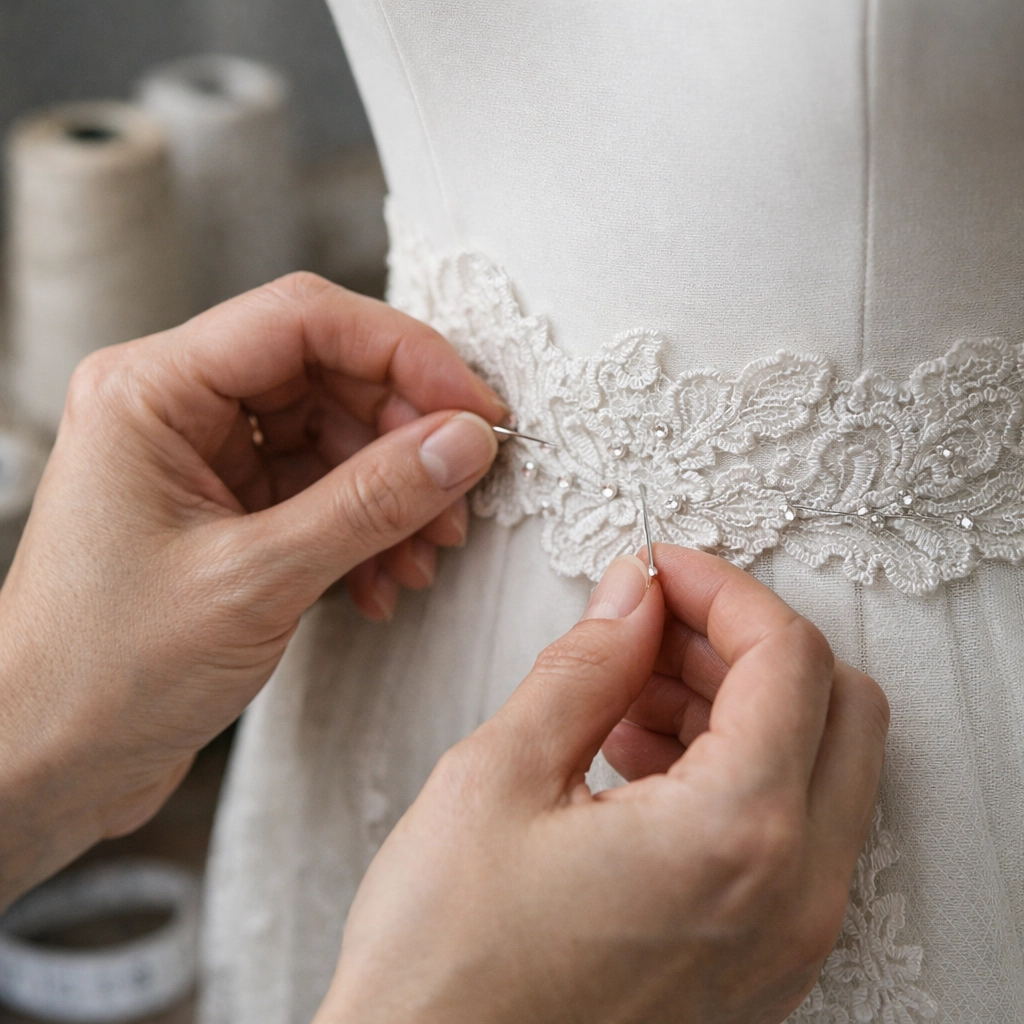 Expert seamstress pinning lace during a wedding dress alteration at Gail's Wedding Emporium.