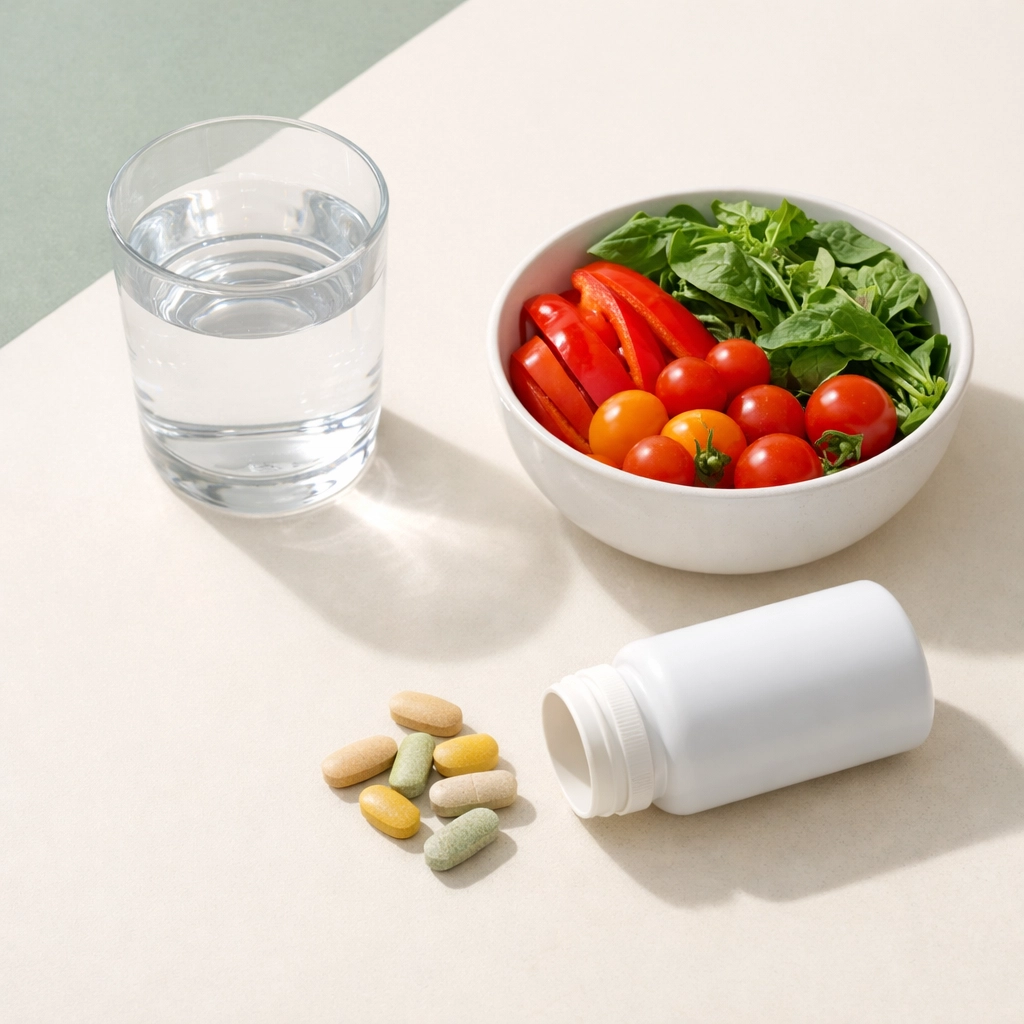 Fresh vegetables and multivitamin tablets comparing whole food nutrition to supplements