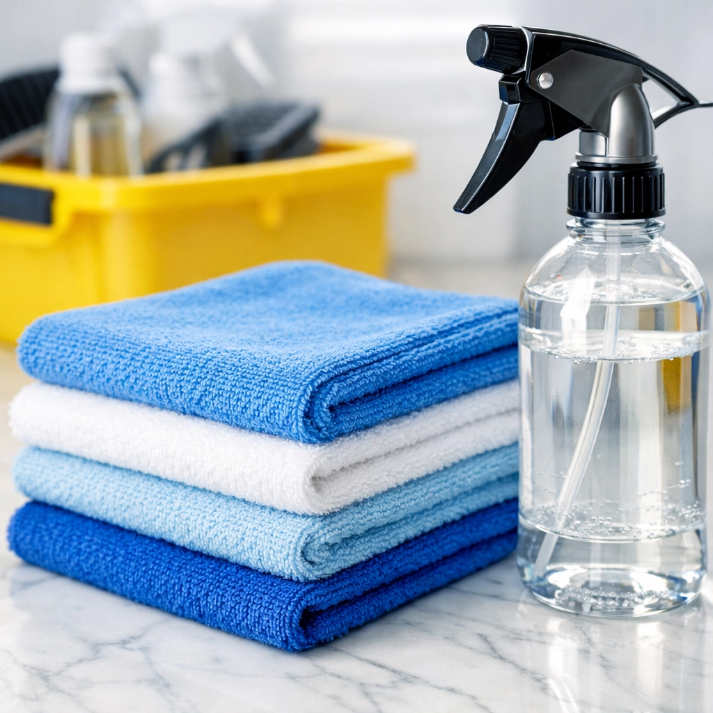 Close-up of professional cleaning tools and supplies used for top-tier House Cleaning Ashby MA.