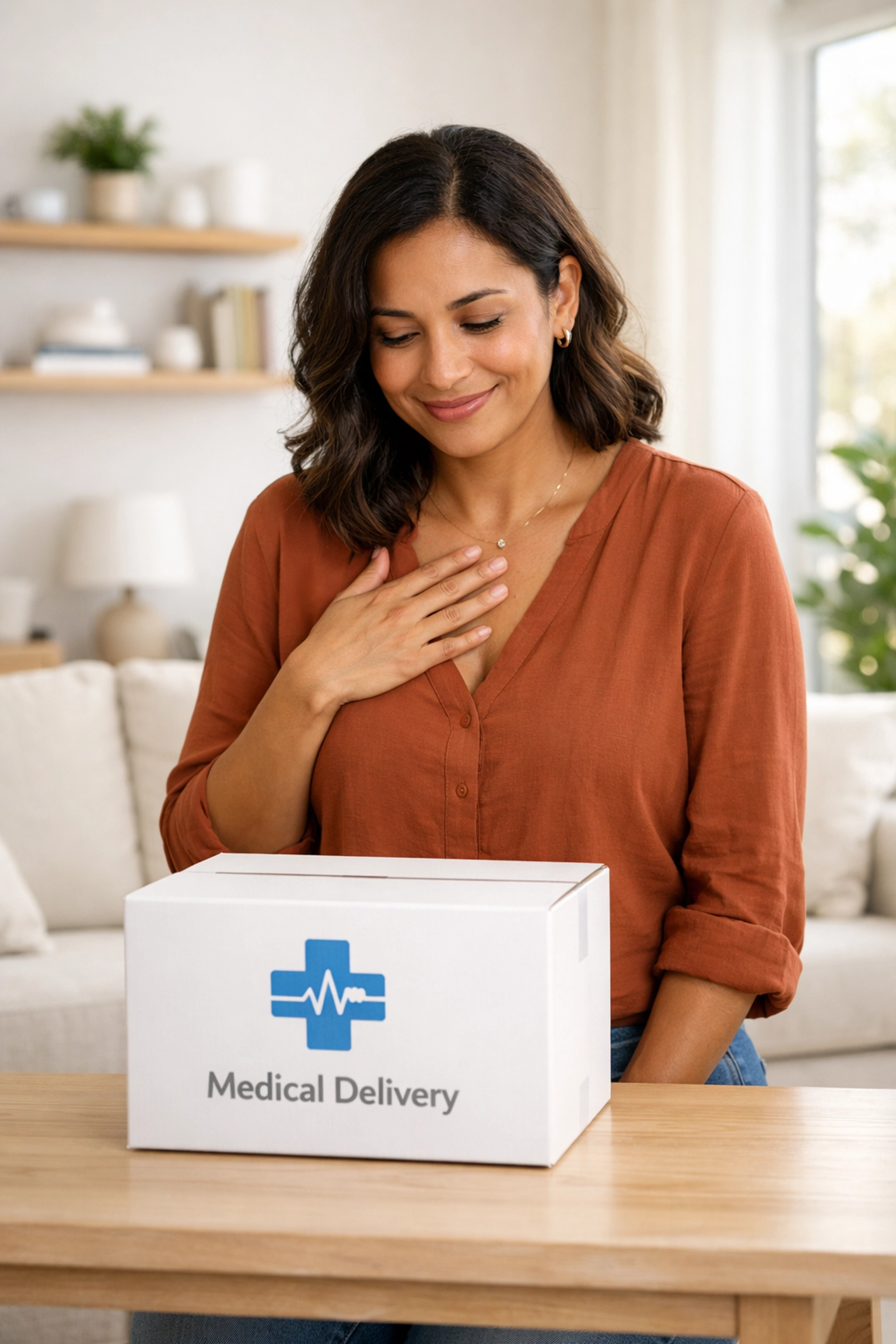 A woman receiving a discreet medical delivery box for her weight loss treatment.