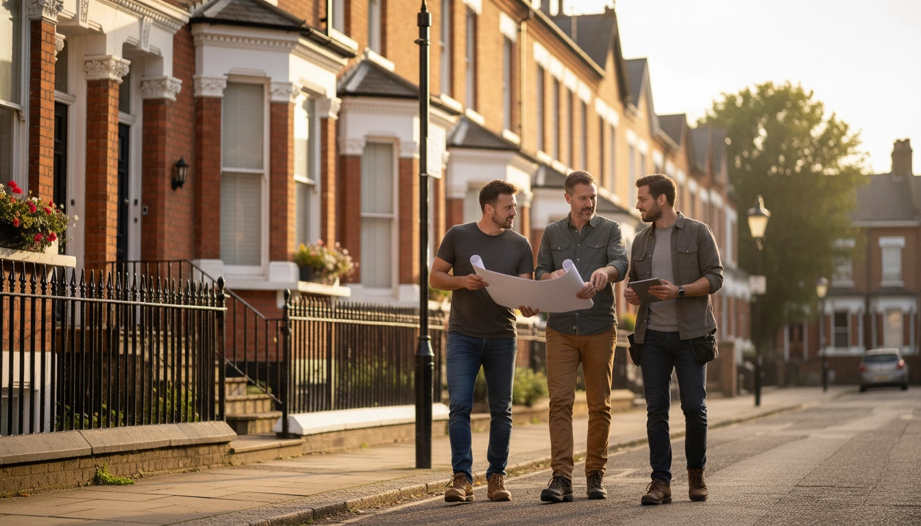 Three men looking at property plans on a street in the UK
