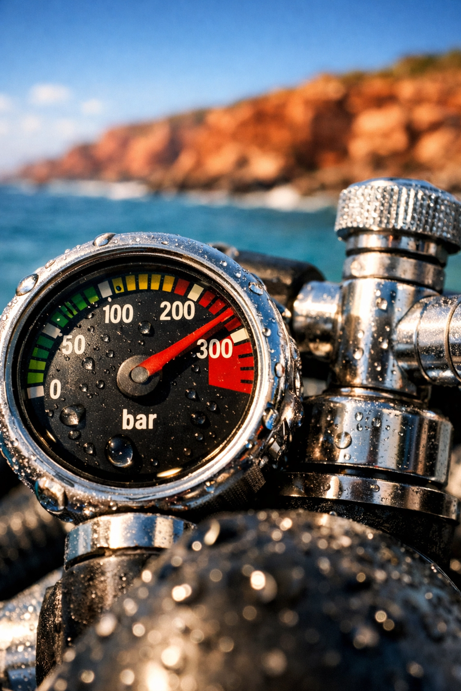 A portable scuba compressor gauge showing a 300 bar air fill, ideal for remote Western Australian dive sites.