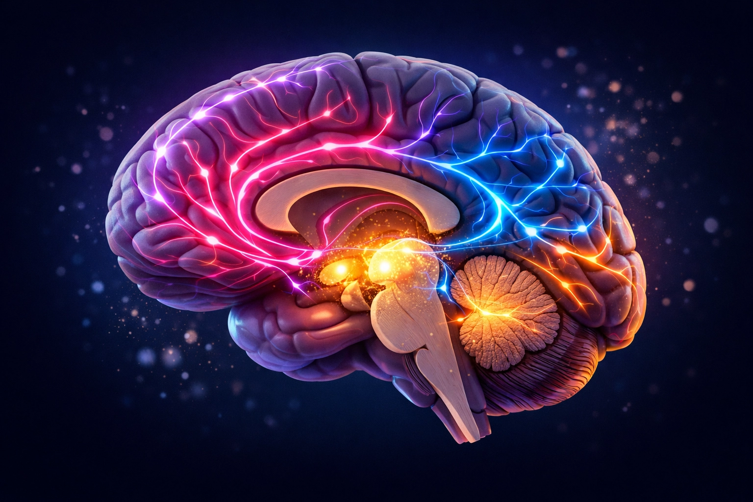 Brain showing neural pathways and hormones related to attraction and adrenaline response