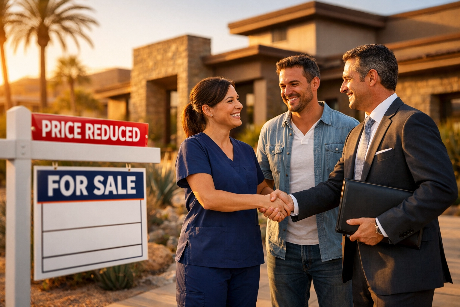 Phoenix nurse and partner shaking hands with a Realtor at a home with a price reduced sign.