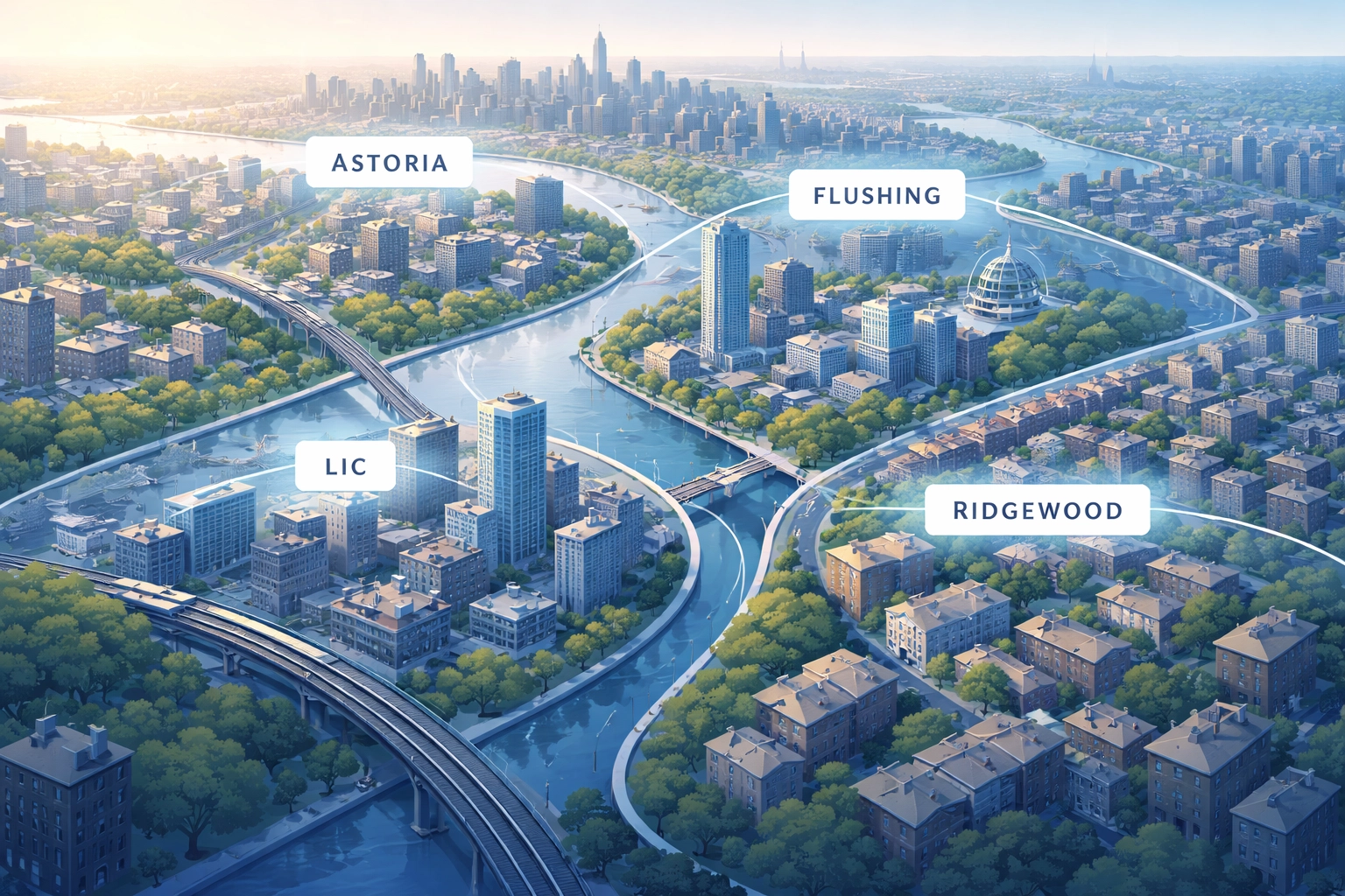 Aerial map illustration of Astoria, LIC, Flushing, and Ridgewood, showcasing diverse Queens property management needs.
