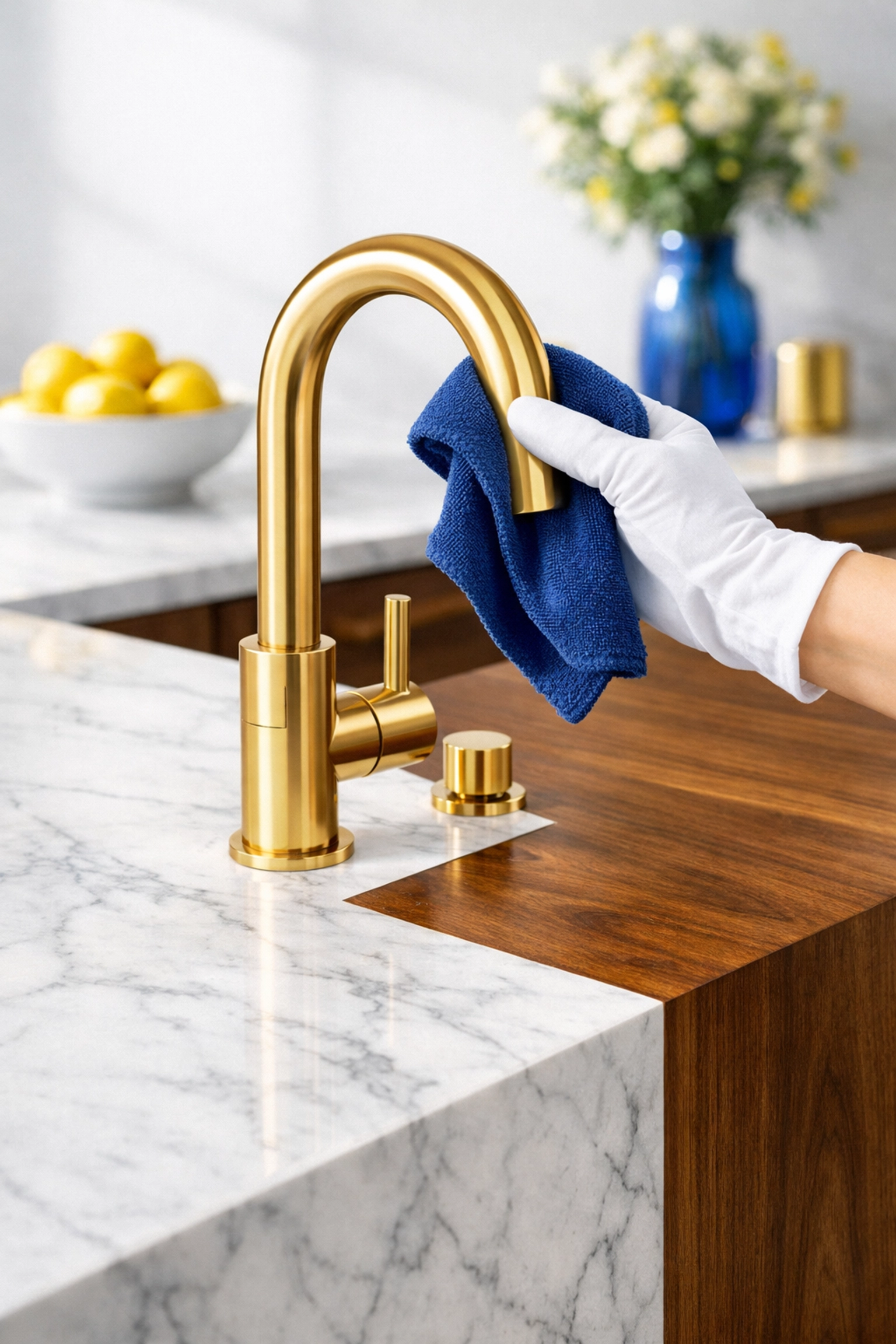 Expert residential cleaning Massachusetts professionals detailing a luxury marble kitchen island for a spotless finish.