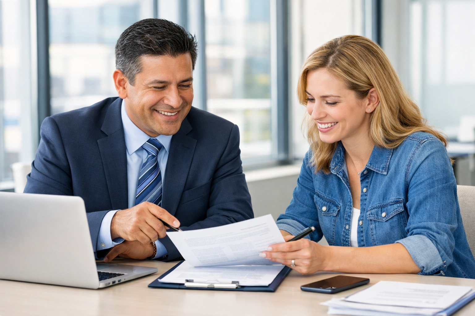 Insurance agent consulting with self-employed client on health coverage and tax preparation